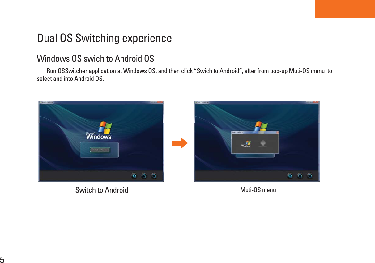 Dual OS switch experience Tablet PC5Windows OS swich to Android OS     Run OSSwitcher application at Windows OS, and then click “Swich to Android”, after from pop-up Muti-OS menu  to select and into Android OS.  Switch to Android  Muti-OS menuDual OS Switching experience