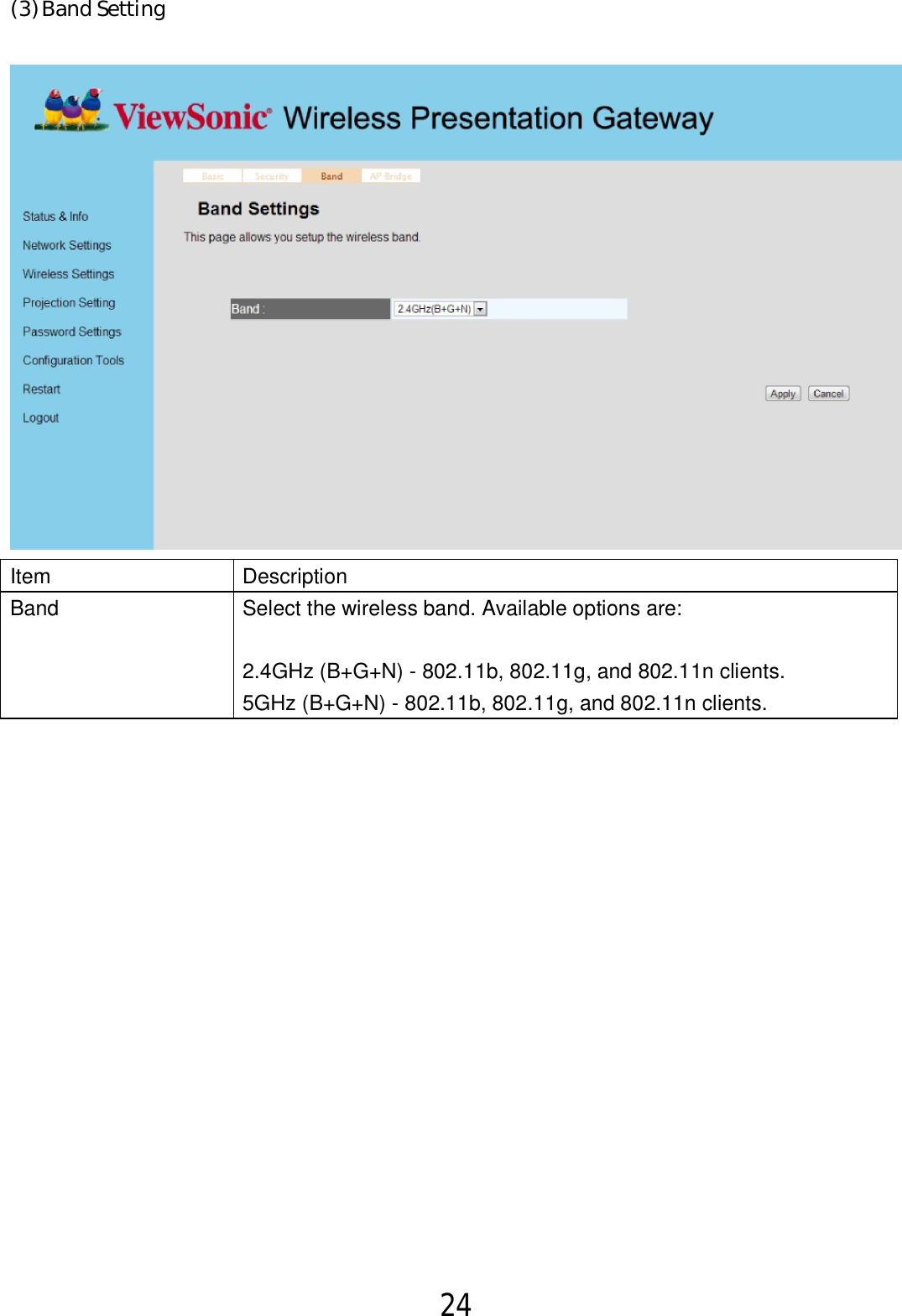 24  (3) Band Setting  Item  Description Band  Select the wireless band. Available options are:      2.4GHz (B+G+N) - 802.11b, 802.11g, and 802.11n clients. 5GHz (B+G+N) - 802.11b, 802.11g, and 802.11n clients. 