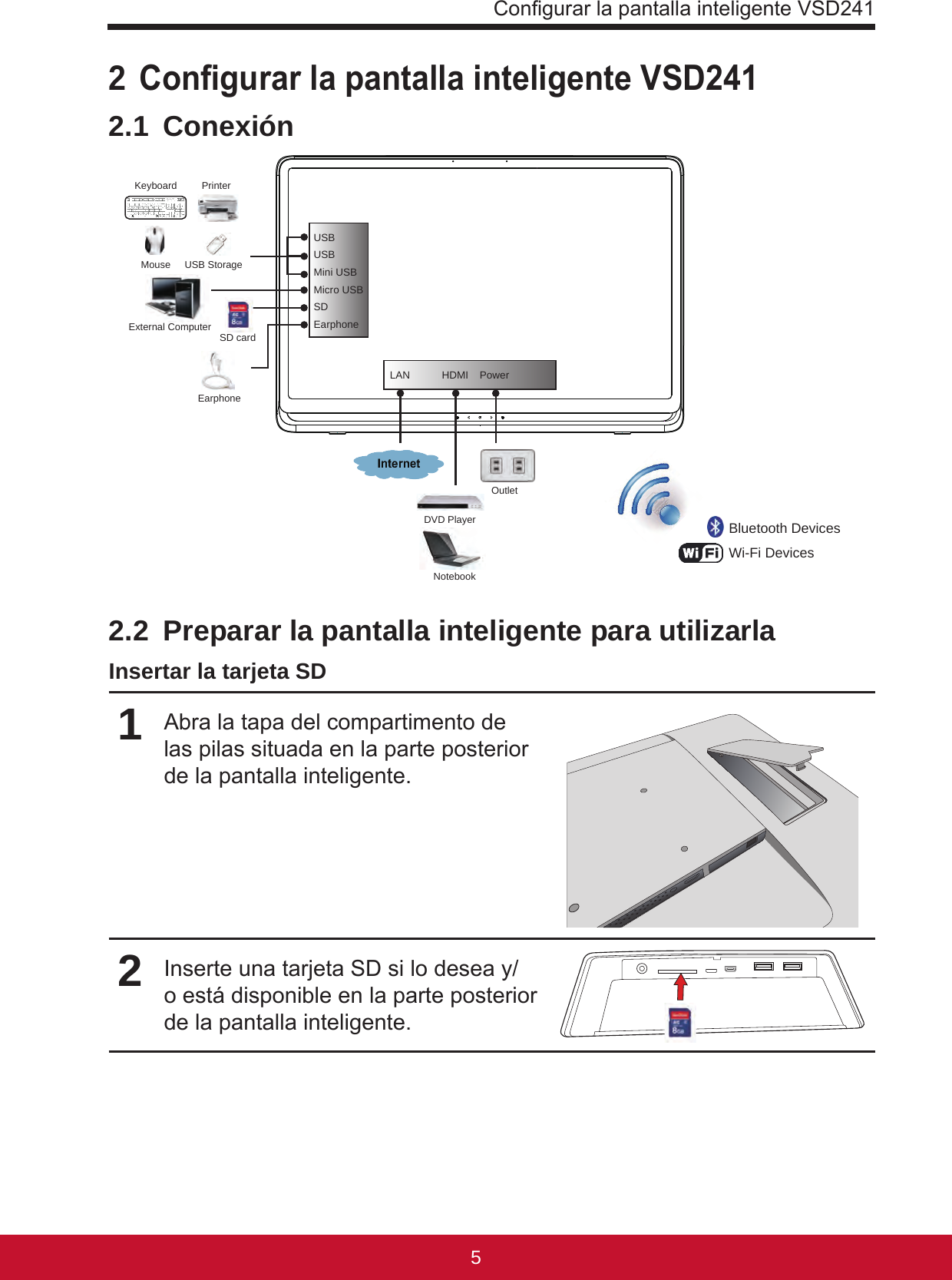 Congurar la pantalla inteligente VSD241542 Congurar la pantalla inteligente VSD2412.1 ConexiónExternal ComputerNotebookDVD PlayerSD cardOutletBluetooth DevicesWi-Fi DevicesEarphoneUSBUSBMini USBMicro USBSDEarphoneLAN  HDMI PowerKeyboard PrinterMouse USB Storage2.2  Preparar la pantalla inteligente para utilizarlaInsertar la tarjeta SD1Abra la tapa del compartimento de las pilas situada en la parte posterior de la pantalla inteligente.2Inserte una tarjeta SD si lo desea y/o está disponible en la parte posterior de la pantalla inteligente.