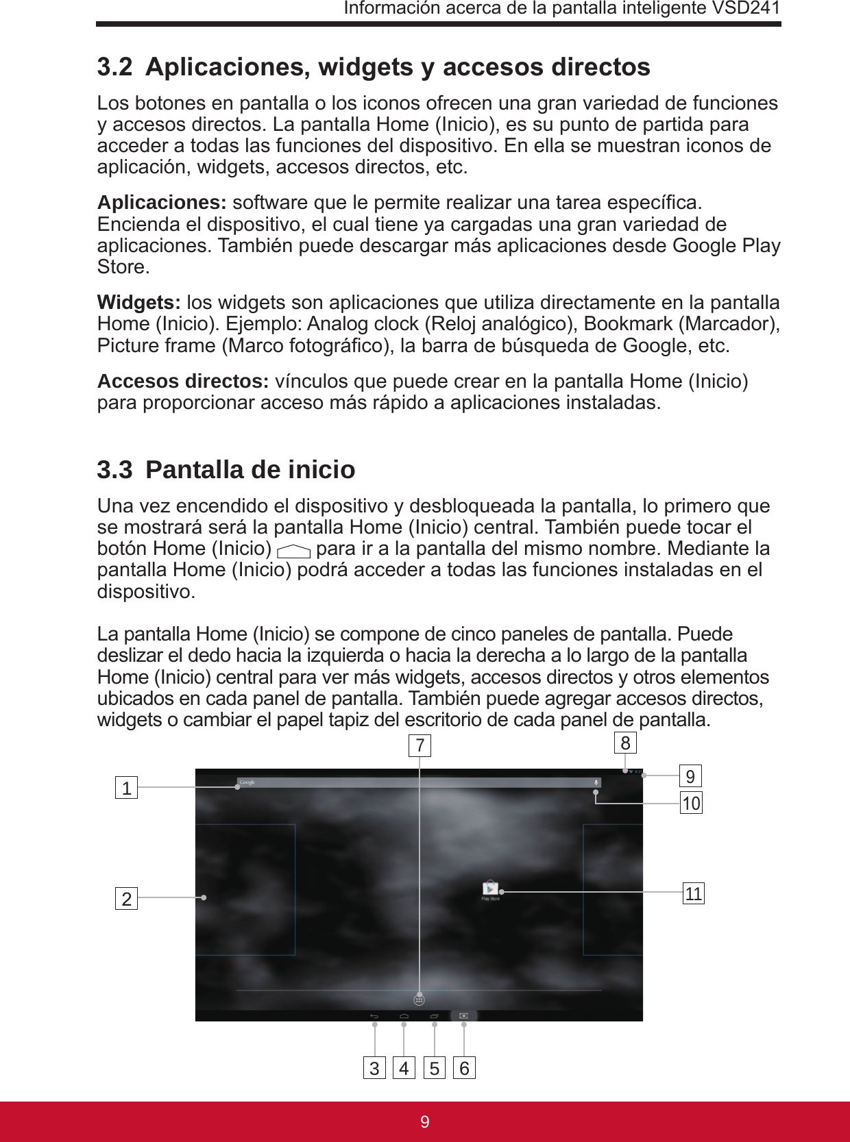 Información acerca de la pantalla inteligente VSD241983.2  Aplicaciones, widgets y accesos directosLos botones en pantalla o los iconos ofrecen una gran variedad de funciones y accesos directos. La pantalla Home (Inicio), es su punto de partida para acceder a todas las funciones del dispositivo. En ella se muestran iconos de aplicación, widgets, accesos directos, etc. Aplicaciones: software que le permite realizar una tarea especíca. Encienda el dispositivo, el cual tiene ya cargadas una gran variedad de aplicaciones. También puede descargar más aplicaciones desde Google Play Store.Widgets: los widgets son aplicaciones que utiliza directamente en la pantalla Home (Inicio). Ejemplo: Analog clock (Reloj analógico), Bookmark (Marcador), Picture frame (Marco fotográco), la barra de búsqueda de Google, etc. Accesos directos: vínculos que puede crear en la pantalla Home (Inicio) para proporcionar acceso más rápido a aplicaciones instaladas.3.3  Pantalla de inicioUna vez encendido el dispositivo y desbloqueada la pantalla, lo primero que se mostrará será la pantalla Home (Inicio) central. También puede tocar el botón Home (Inicio)   para ir a la pantalla del mismo nombre. Mediante la pantalla Home (Inicio) podrá acceder a todas las funciones instaladas en el dispositivo.La pantalla Home (Inicio) se compone de cinco paneles de pantalla. Puede deslizar el dedo hacia la izquierda o hacia la derecha a lo largo de la pantalla Home (Inicio) central para ver más widgets, accesos directos y otros elementos ubicados en cada panel de pantalla. También puede agregar accesos directos, widgets o cambiar el papel tapiz del escritorio de cada panel de pantalla.1234568101197