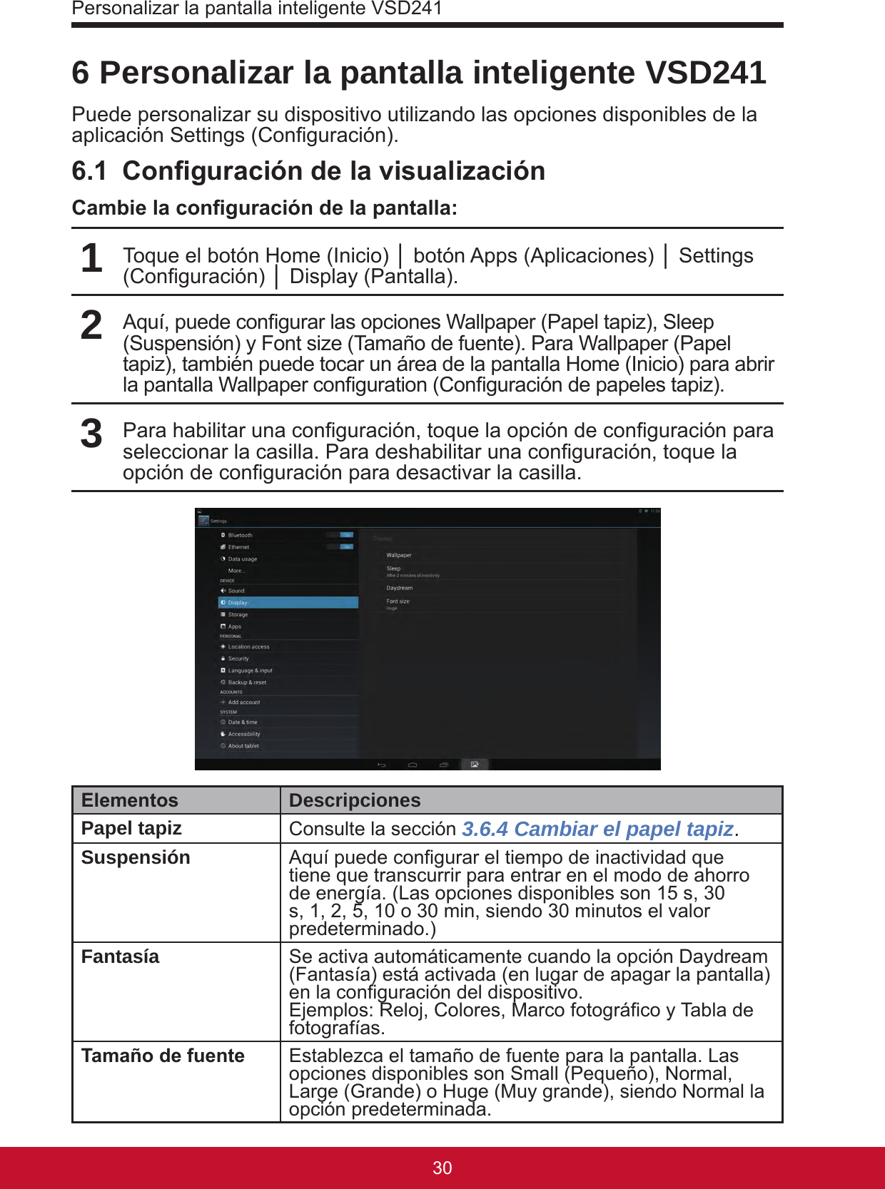 Personalizar la pantalla inteligente VSD24131306 Personalizar la pantalla inteligente VSD241Puede personalizar su dispositivo utilizando las opciones disponibles de la aplicación Settings (Conguración).6.1  Conguración de la visualizaciónCambie la conguración de la pantalla:1Toque el botón Home (Inicio) │ botón Apps (Aplicaciones) │ Settings (Conguración) │ Display (Pantalla).2Aquí, puede congurar las opciones Wallpaper (Papel tapiz), Sleep (Suspensión) y Font size (Tamaño de fuente). Para Wallpaper (Papel tapiz), también puede tocar un área de la pantalla Home (Inicio) para abrir la pantalla Wallpaper conguration (Conguración de papeles tapiz).3Para habilitar una conguración, toque la opción de conguración para seleccionar la casilla. Para deshabilitar una conguración, toque la opción de conguración para desactivar la casilla.Elementos DescripcionesPapel tapiz  Consulte la sección 3.6.4 Cambiar el papel tapiz.Suspensión Aquí puede congurar el tiempo de inactividad que tiene que transcurrir para entrar en el modo de ahorro de energía. (Las opciones disponibles son 15 s, 30 s, 1, 2, 5, 10 o 30 min, siendo 30 minutos el valor predeterminado.) Fantasía Se activa automáticamente cuando la opción Daydream (Fantasía) está activada (en lugar de apagar la pantalla) en la conguración del dispositivo.Ejemplos: Reloj, Colores, Marco fotográco y Tabla de fotografías.Tamaño de fuente Establezca el tamaño de fuente para la pantalla. Las opciones disponibles son Small (Pequeño), Normal, Large (Grande) o Huge (Muy grande), siendo Normal la opción predeterminada.