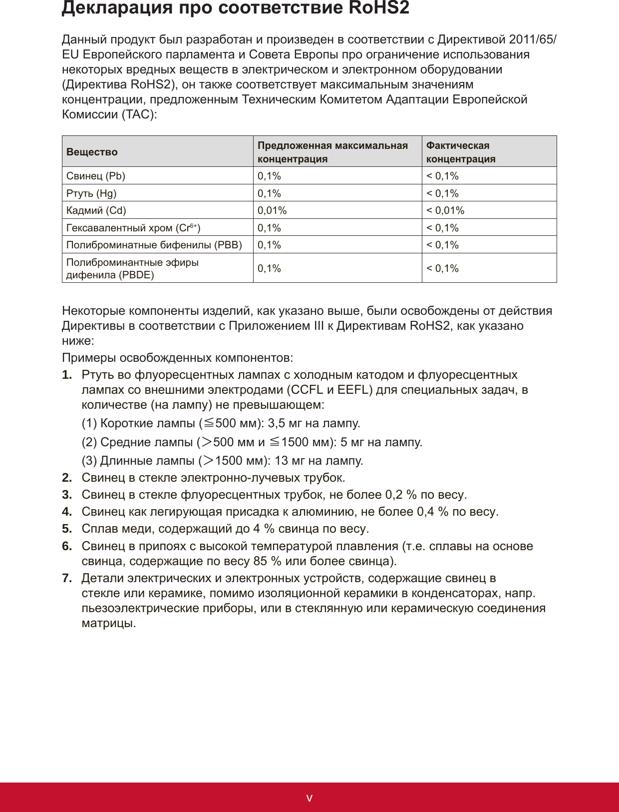 vivДекларация про соответствие RoHS2Данный продукт был разработан и произведен в соответствии с Директивой 2011/65/EU Европейского парламента и Совета Европы про ограничение использования некоторых вредных веществ в электрическом и электронном оборудовании (Директива RoHS2), он также соответствует максимальным значениям концентрации, предложенным Техническим Комитетом Адаптации Европейской Комиссии (TAC):Вещество Предложенная максимальнаяконцентрацияФактическаяконцентрацияСвинец (Pb) 0,1% &lt; 0,1%Ртуть (Hg) 0,1% &lt; 0,1%Кадмий (Cd) 0,01% &lt; 0,01%Гексавалентный хром (Cr6+) 0,1% &lt; 0,1%Полиброминатные бифенилы (PBB) 0,1% &lt; 0,1%Полиброминантные эфиры дифенила (PBDE) 0,1% &lt; 0,1%Некоторые компоненты изделий, как указано выше, были освобождены от действия Директивы в соответствии с Приложением III к Директивам RoHS2, как указано ниже:Примеры освобожденных компонентов:1.  Ртуть во флуоресцентных лампах с холодным катодом и флуоресцентных лампах со внешними электродами (CCFL и EEFL) для специальных задач, в количестве (на лампу) не превышающем:(1) Короткие лампы (≦500 мм): 3,5 мг на лампу.(2) Средние лампы (＞500 мм и ≦1500 мм): 5 мг на лампу.(3) Длинные лампы (＞1500 мм): 13 мг на лампу.2.  Свинец в стекле электронно-лучевых трубок.3.  Свинец в стекле флуоресцентных трубок, не более 0,2 % по весу. 4.  Свинец как легирующая присадка к алюминию, не более 0,4 % по весу.5.  Сплав меди, содержащий до 4 % свинца по весу.6.  Свинец в припоях с высокой температурой плавления (т.е. сплавы на основе свинца, содержащие по весу 85 % или более свинца).7.  Детали электрических и электронных устройств, содержащие свинец в стекле или керамике, помимо изоляционной керамики в конденсаторах, напр. пьезоэлектрические приборы, или в стеклянную или керамическую соединения матрицы.