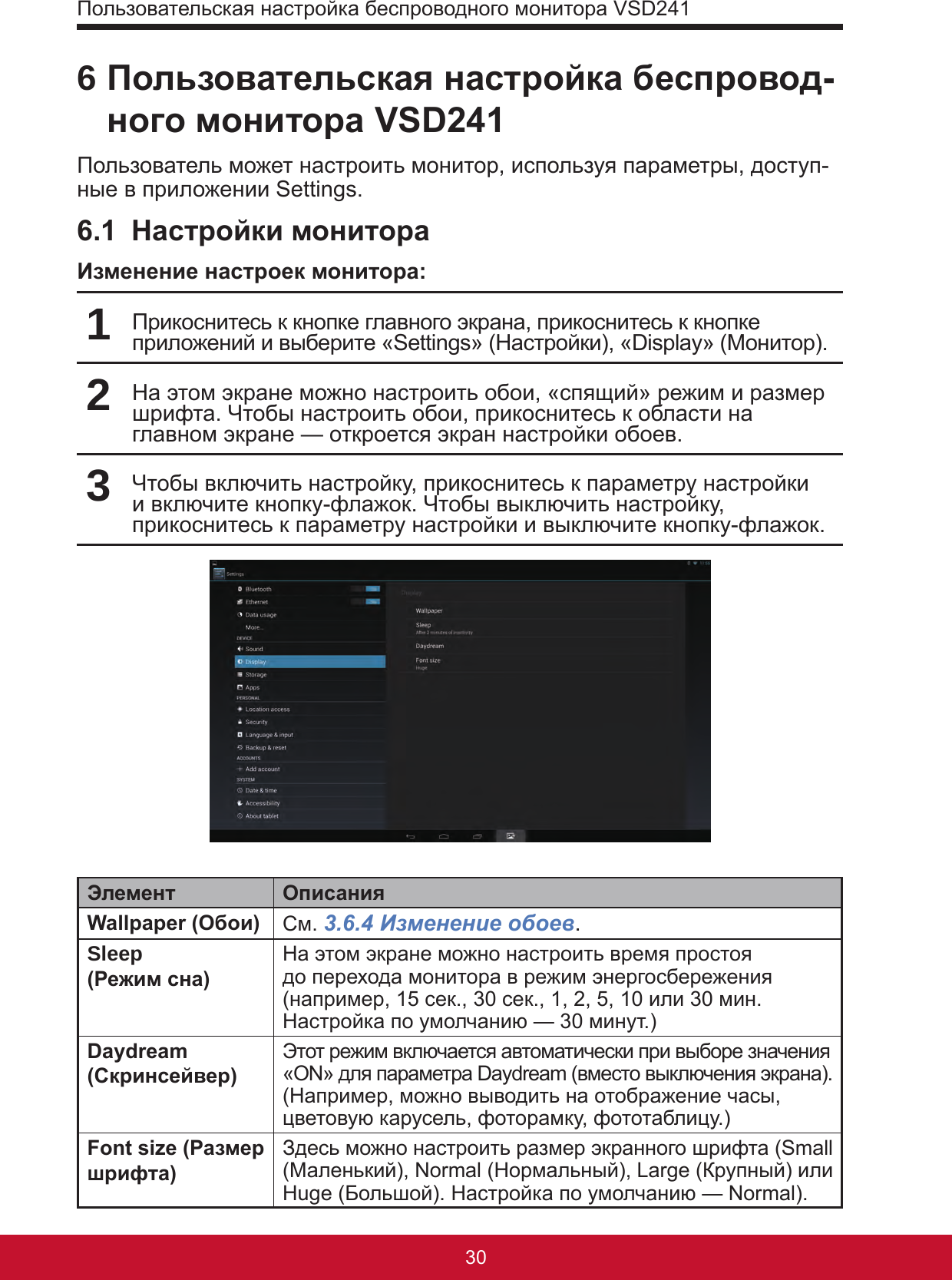 Пользовательская настройка беспроводного монитора VSD24131306 Пользовательская настройка беспровод-ного монитора VSD241Пользователь может настроить монитор, используя параметры, доступ-ные в приложении Settings.6.1  Настройки монитораИзменение настроек монитора:1Прикоснитесь к кнопке главного экрана, прикоснитесь к кнопке приложений и выберите «Settings» (Настройки), «Display» (Монитор).2На этом экране можно настроить обои, «спящий» режим и размер шрифта. Чтобы настроить обои, прикоснитесь к области на главном экране — откроется экран настройки обоев.3Чтобы включить настройку, прикоснитесь к параметру настройки и включите кнопку-флажок. Чтобы выключить настройку, прикоснитесь к параметру настройки и выключите кнопку-флажок.Элемент ОписанияWallpaper (Обои)  См. 3.6.4 Изменение обоев.Sleep  (Режим сна)На этом экране можно настроить время простоя до перехода монитора в режим энергосбережения (например, 15 сек., 30 сек., 1, 2, 5, 10 или 30 мин. Настройка по умолчанию — 30 минут.) Daydream (Скринсейвер)Этот режим включается автоматически при выборе значения «ON» для параметра Daydream (вместо выключения экрана).(Например, можно выводить на отображение часы, цветовую карусель, фоторамку, фототаблицу.)Font size (Размер шрифта)Здесь можно настроить размер экранного шрифта (Small (Маленький), Normal (Нормальный), Large (Крупный) или Huge (Большой). Настройка по умолчанию — Normal).