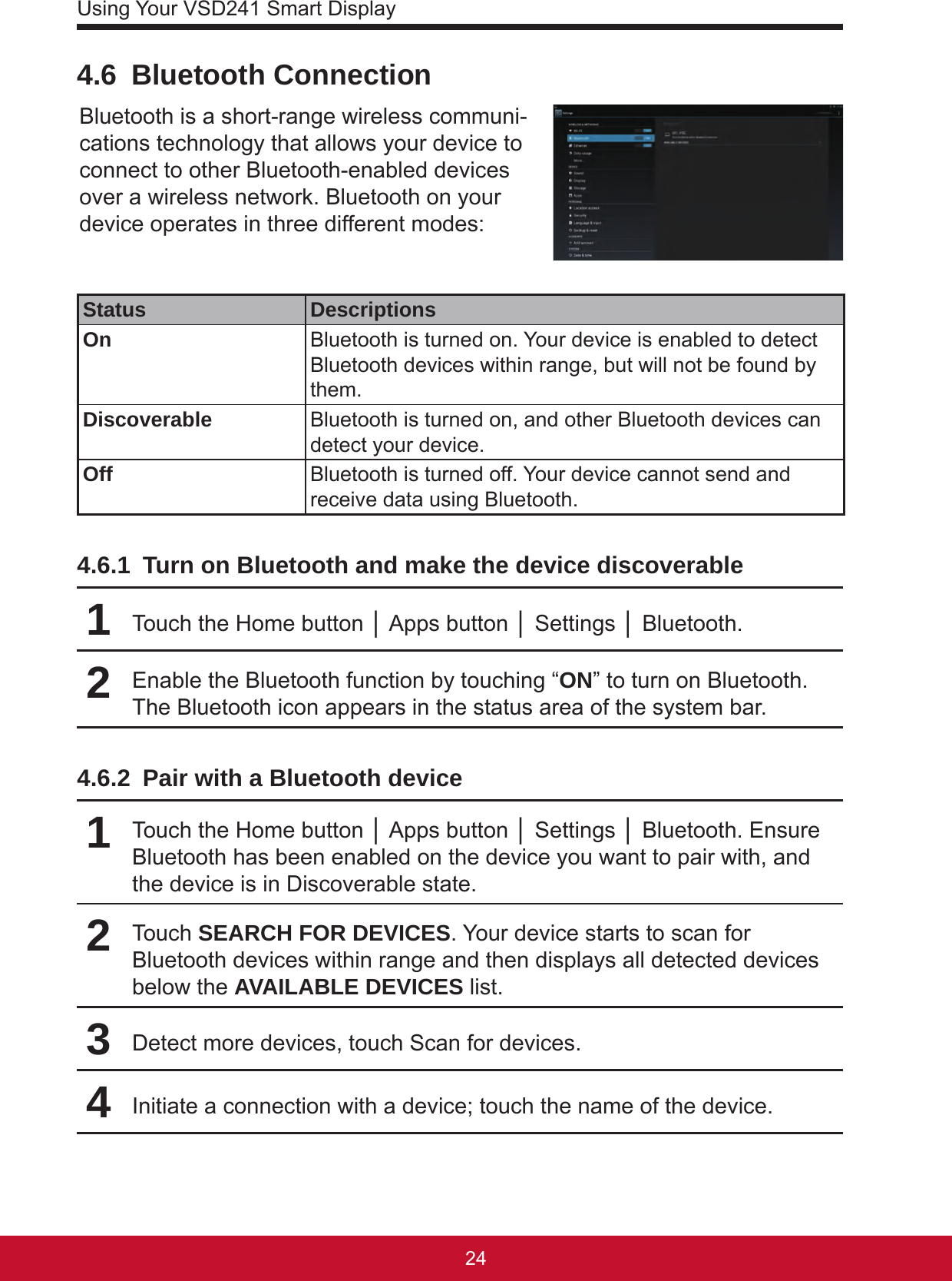 Using Your VSD241 Smart Display25244.6  Bluetooth ConnectionBluetooth is a short-range wireless communi-cations technology that allows your device to connect to other Bluetooth-enabled devices over a wireless network. Bluetooth on your device operates in three different modes:Status DescriptionsOn Bluetooth is turned on. Your device is enabled to detect Bluetooth devices within range, but will not be found by them.Discoverable Bluetooth is turned on, and other Bluetooth devices can detect your device.Off Bluetooth is turned off. Your device cannot send and receive data using Bluetooth.4.6.1  Turn on Bluetooth and make the device discoverable1Touch the Home button │ Apps button │ Settings │ Bluetooth.2Enable the Bluetooth function by touching “ON” to turn on Bluetooth. The Bluetooth icon appears in the status area of the system bar.4.6.2  Pair with a Bluetooth device1Touch the Home button │ Apps button │ Settings │ Bluetooth. Ensure Bluetooth has been enabled on the device you want to pair with, and the device is in Discoverable state.2Touch SEARCH FOR DEVICES. Your device starts to scan for Bluetooth devices within range and then displays all detected devices below the AVAILABLE DEVICES list.3Detect more devices, touch Scan for devices.4Initiate a connection with a device; touch the name of the device.