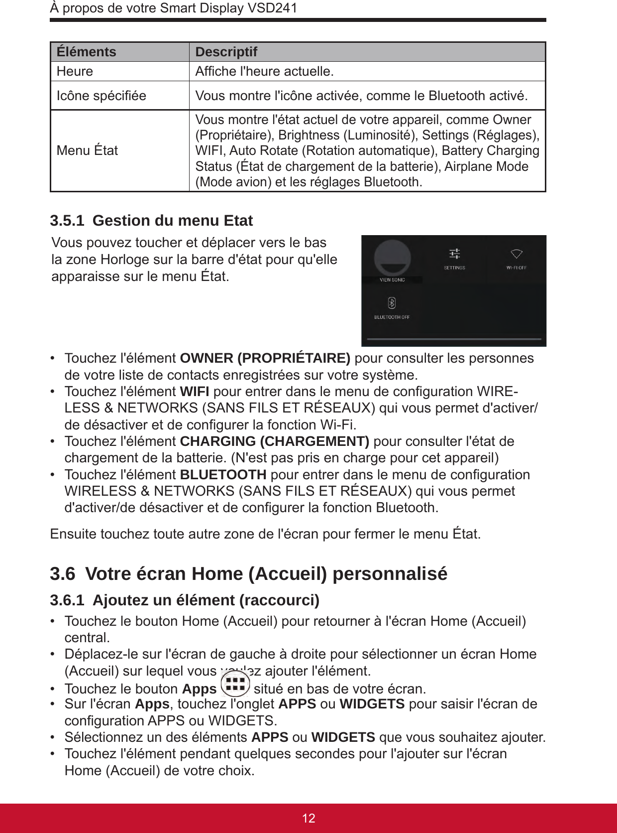 À propos de votre Smart Display VSD2411312Éléments DescriptifHeure  Afche l&apos;heure actuelle.Icône spéciée Vous montre l&apos;icône activée, comme le Bluetooth activé.Menu ÉtatVous montre l&apos;état actuel de votre appareil, comme Owner (Propriétaire), Brightness (Luminosité), Settings (Réglages), WIFI, Auto Rotate (Rotation automatique), Battery Charging Status (État de chargement de la batterie), Airplane Mode (Mode avion) et les réglages Bluetooth.3.5.1  Gestion du menu EtatVous pouvez toucher et déplacer vers le bas la zone Horloge sur la barre d&apos;état pour qu&apos;elle apparaisse sur le menu État. •  Touchez l&apos;élément OWNER (PROPRIÉTAIRE) pour consulter les personnes de votre liste de contacts enregistrées sur votre système.•  Touchez l&apos;élément WIFI pour entrer dans le menu de conguration WIRE-LESS &amp; NETWORKS (SANS FILS ET RÉSEAUX) qui vous permet d&apos;activer/de désactiver et de congurer la fonction Wi-Fi. •  Touchez l&apos;élément CHARGING (CHARGEMENT) pour consulter l&apos;état de chargement de la batterie. (N&apos;est pas pris en charge pour cet appareil)•  Touchez l&apos;élément BLUETOOTH pour entrer dans le menu de conguration WIRELESS &amp; NETWORKS (SANS FILS ET RÉSEAUX) qui vous permet d&apos;activer/de désactiver et de congurer la fonction Bluetooth. Ensuite touchez toute autre zone de l&apos;écran pour fermer le menu État.3.6  Votre écran Home (Accueil) personnalisé3.6.1  Ajoutez un élément (raccourci)•  Touchez le bouton Home (Accueil) pour retourner à l&apos;écran Home (Accueil) central.•  Déplacez-le sur l&apos;écran de gauche à droite pour sélectionner un écran Home (Accueil) sur lequel vous voulez ajouter l&apos;élément.•  Touchez le bouton Apps   situé en bas de votre écran.•  Sur l&apos;écran Apps, touchez l&apos;onglet APPS ou WIDGETS pour saisir l&apos;écran de conguration APPS ou WIDGETS.•  Sélectionnez un des éléments APPS ou WIDGETS que vous souhaitez ajouter.•  Touchez l&apos;élément pendant quelques secondes pour l&apos;ajouter sur l&apos;écran Home (Accueil) de votre choix.