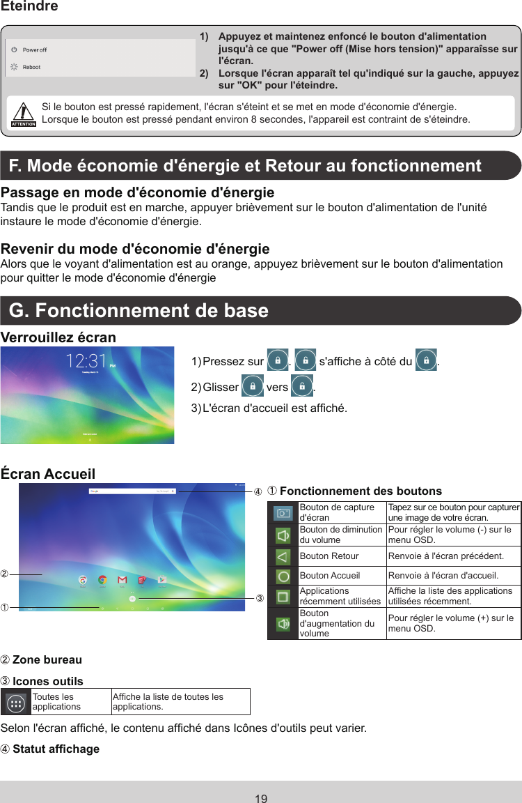 19Eteindre1)    Appuyez et maintenez enfoncé le bouton d&apos;alimentation jusqu&apos;à ce que &quot;Power off (Mise hors tension)&quot; apparaîsse sur l&apos;écran.2)    Lorsque l&apos;écran apparaît tel qu&apos;indiqué sur la gauche, appuyez sur &quot;OK&quot; pour l&apos;éteindre.   Si le bouton est pressé rapidement, l&apos;écran s&apos;éteint et se met en mode d&apos;économie d&apos;énergie.Lorsque le bouton est pressé pendant environ 8 secondes, l&apos;appareil est contraint de s&apos;éteindre.F. Mode économie d&apos;énergie et Retour au fonctionnementPassage en mode d&apos;économie d&apos;énergieTandis que le produit est en marche, appuyer brièvement sur le bouton d&apos;alimentation de l&apos;unité instaure le mode d&apos;économie d&apos;énergie.Revenir du mode d&apos;économie d&apos;énergieAlors que le voyant d&apos;alimentation est au orange, appuyez brièvement sur le bouton d&apos;alimentation pour quitter le mode d&apos;économie d&apos;énergieG. Fonctionnement de baseVerrouillez écran1) Pressez sur  .   s&apos;afche à côté du  .2) Glisser   vers  .3) L&apos;écran d&apos;accueil est afché.Écran Accueil Fonctionnement des boutonsBouton de capture d&apos;écranTapez sur ce bouton pour capturer une image de votre écran.Bouton de diminution du volumePour régler le volume (-) sur le menu OSD.Bouton Retour Renvoie à l&apos;écran précédent.Bouton Accueil Renvoie à l&apos;écran d&apos;accueil.Applications  récemment utiliséesAfche la liste des applications  utilisées récemment.Bouton d&apos;augmentation du volumePour régler le volume (+) sur le menu OSD. Zone bureau Icones outilsToutes les applicationsAfche la liste de toutes  les applications.Selon l&apos;écran afché, le contenu afché dans Icônes d&apos;outils  peut varier. Statut afchage