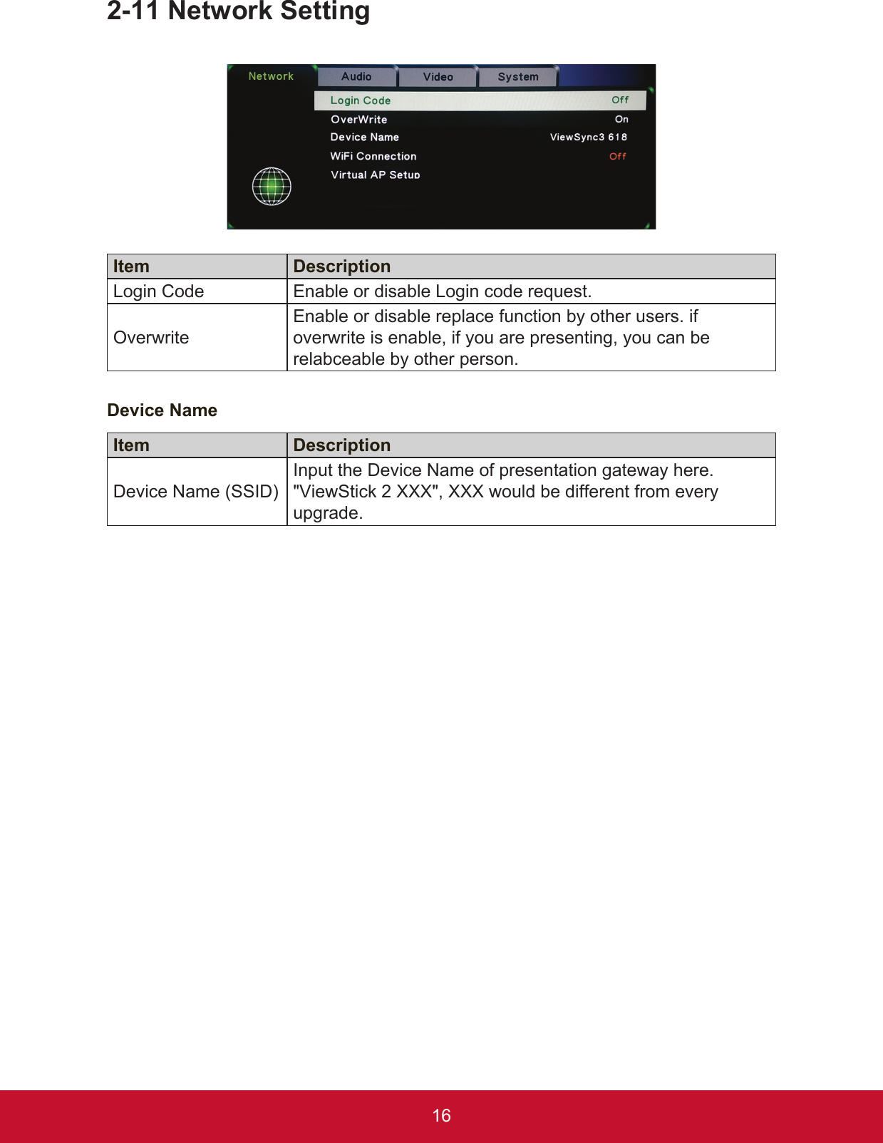 162-11 Network SettingItem DescriptionLogin Code Enable or disable Login code request.OverwriteEnable or disable replace function by other users. if overwrite is enable, if you are presenting, you can be relabceable by other person. Device Name Item DescriptionDevice Name (SSID)Input the Device Name of presentation gateway here. &quot;ViewStick 2 XXX&quot;, XXX would be different from every upgrade.