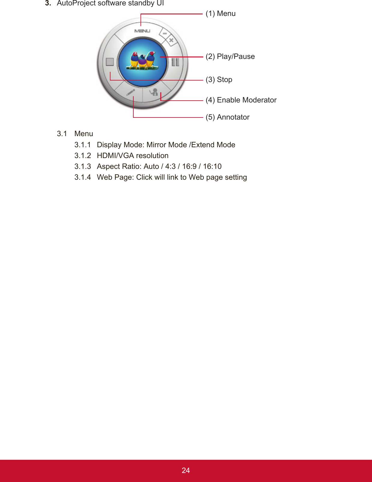 243.  AutoProject software standby UI(1) Menu(2) Play/Pause(3) Stop(4) Enable Moderator(5) Annotator3.1 Menu3.1.1  Display Mode: Mirror Mode /Extend Mode3.1.2  HDMI/VGA resolution3.1.3  Aspect Ratio: Auto / 4:3 / 16:9 / 16:103.1.4  Web Page: Click will link to Web page setting