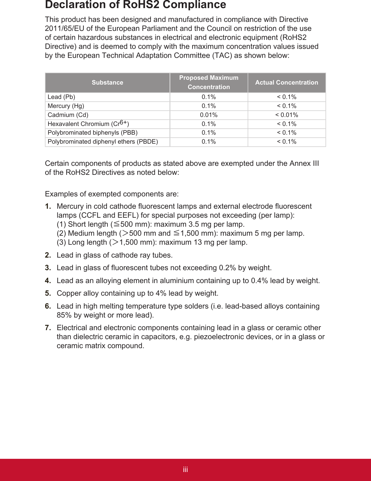 iiiDeclaration of RoHS2 ComplianceThis product has been designed and manufactured in compliance with Directive 2011/65/EU of the European Parliament and the Council on restriction of the use of certain hazardous substances in electrical and electronic equipment (RoHS2 Directive) and is deemed to comply with the maximum concentration values issued by the European Technical Adaptation Committee (TAC) as shown below:Substance Proposed MaximumConcentration Actual ConcentrationLead (Pb) 0.1% &lt; 0.1%Mercury (Hg) 0.1% &lt; 0.1%Cadmium (Cd) 0.01% &lt; 0.01%Hexavalent Chromium (Cr6+) 0.1% &lt; 0.1%Polybrominated biphenyls (PBB) 0.1% &lt; 0.1%Polybrominated diphenyl ethers (PBDE) 0.1% &lt; 0.1%Certain components of products as stated above are exempted under the Annex III of the RoHS2 Directives as noted below:Examples of exempted components are:1.  Mercury in cold cathode fluorescent lamps and external electrode fluorescent lamps (CCFL and EEFL) for special purposes not exceeding (per lamp):  (1) Short length (≦500 mm): maximum 3.5 mg per lamp. (2) Medium length (＞500 mm and ≦1,500 mm): maximum 5 mg per lamp. (3) Long length (＞1,500 mm): maximum 13 mg per lamp.2.  Lead in glass of cathode ray tubes.3.  Lead in glass of fluorescent tubes not exceeding 0.2% by weight.4.  Lead as an alloying element in aluminium containing up to 0.4% lead by weight.5.  Copper alloy containing up to 4% lead by weight.6.  Lead in high melting temperature type solders (i.e. lead-based alloys containing 85% by weight or more lead).7.  Electrical and electronic components containing lead in a glass or ceramic other than dielectric ceramic in capacitors, e.g. piezoelectronic devices, or in a glass or ceramic matrix compound.