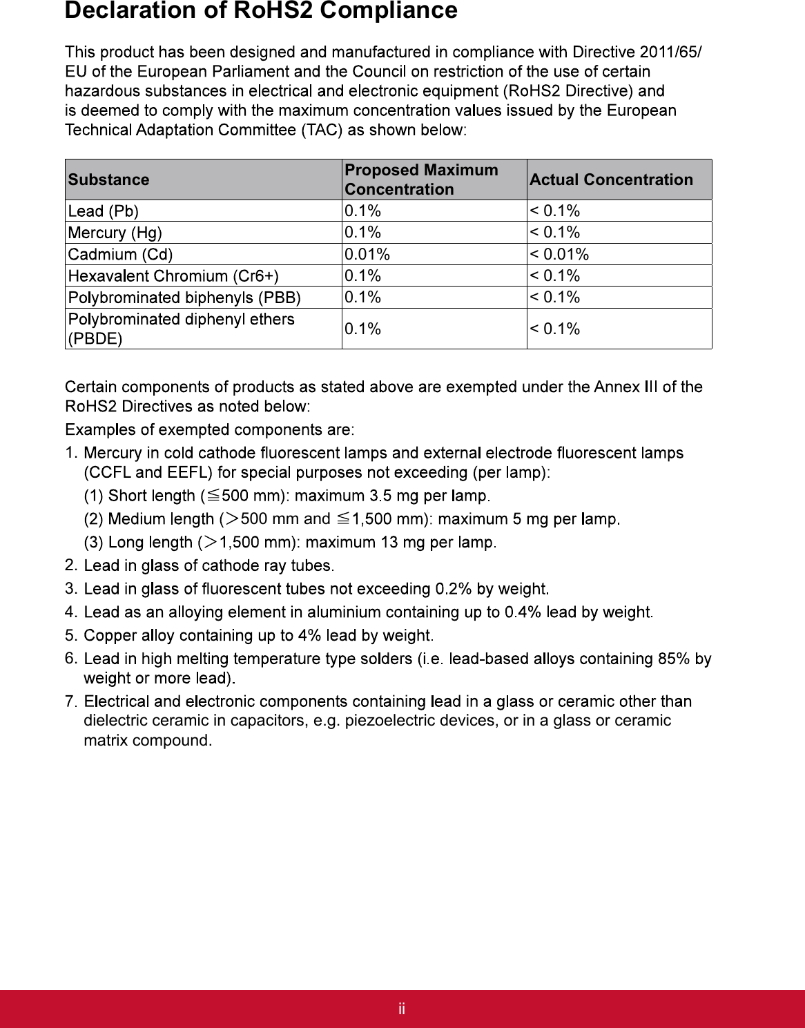 iiDeclaration of RoHS2 ComplianceSubstance Proposed Maximum Concentration Actual Concentration0.1% &lt; 0.1%0.1% &lt; 0.1%0.01% &lt; 0.01%0.1% &lt; 0.1%0.1% &lt; 0.1%0.1% &lt; 0.1%1.500 mm and 2.3.4.5.6.dielectric ceramic in capacitors, e.g. piezoelectric devices, or in a glass or ceramicmatrix compound.