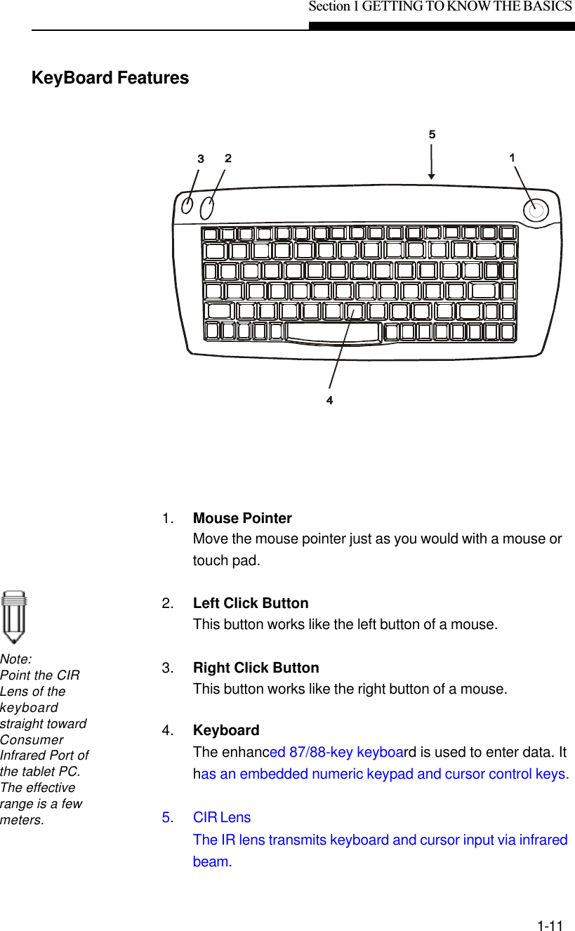 Section 1 GETTING TO KNOW THE BASICS1-111. Mouse PointerMove the mouse pointer just as you would with a mouse ortouch pad.2. Left Click ButtonThis button works like the left button of a mouse.3. Right Click ButtonThis button works like the right button of a mouse.4. KeyboardThe enhanced 87/88-key keyboard is used to enter data. Ithas an embedded numeric keypad and cursor control keys.5. CIR LensThe IR lens transmits keyboard and cursor input via infraredbeam.KeyBoard FeaturesNote:Point the CIRLens of thekeyboardstraight towardConsumerInfrared Port ofthe tablet PC.The effectiverange is a fewmeters.
