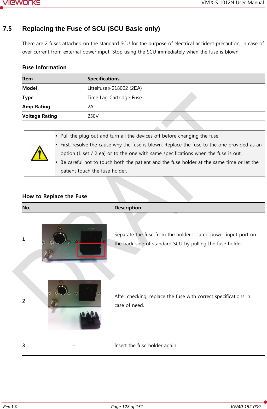   Rev.1.0 Page 128 of 151  VW40-152-009 VIVIX-S 1012N User Manual 7.5 Replacing the Fuse of SCU (SCU Basic only) There are 2 fuses attached on the standard SCU for the purpose of electrical accident precaution, in case of over current from external power input. Stop using the SCU immediately when the fuse is blown.  Fuse Information Item Specifications Model Littelfuse® 218002 (2EA) Type Time Lag Cartridge Fuse Amp Rating 2A Voltage Rating 250V    Pull the plug out and turn all the devices off before changing the fuse.  First, resolve the cause why the fuse is blown. Replace the fuse to the one provided as an option (1 set / 2 ea) or to the one with same specifications when the fuse is out.  Be careful not to touch both the patient and the fuse holder at the same time or let the patient touch the fuse holder.   How to Replace the Fuse No.  Description 1   Separate the fuse from the holder located power input port on  the back side of standard SCU by pulling the fuse holder. 2   After checking, replace the fuse with correct specifications in  case of need. 3 - Insert the fuse holder again.   
