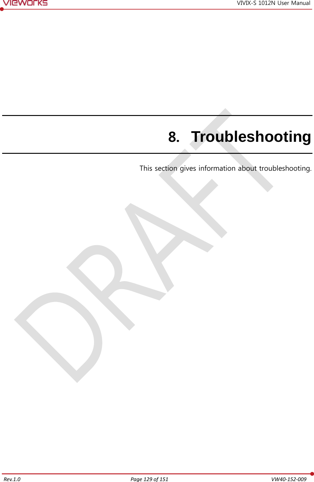   Rev.1.0 Page 129 of 151  VW40-152-009 VIVIX-S 1012N User Manual 8. Troubleshooting  This section gives information about troubleshooting.   