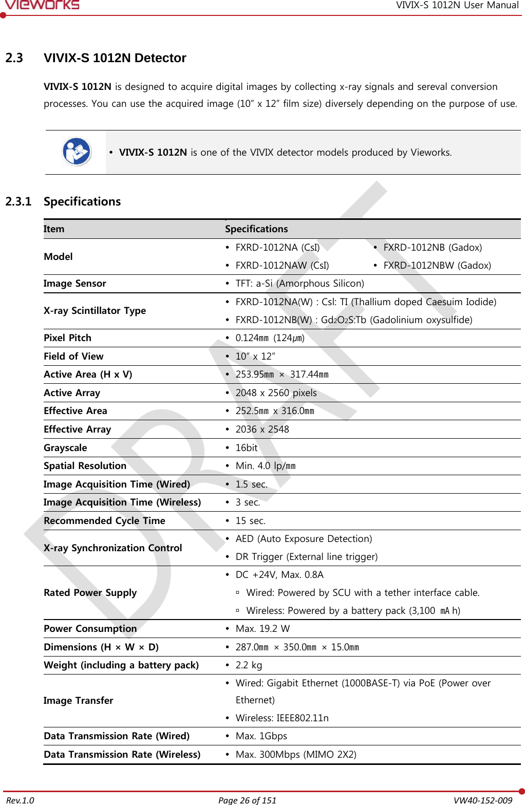   Rev.1.0 Page 26 of 151  VW40-152-009 VIVIX-S 1012N User Manual 2.3 VIVIX-S 1012N Detector VIVIX-S 1012N is designed to acquire digital images by collecting x-ray signals and sereval conversion processes. You can use the acquired image (10” x 12” film size) diversely depending on the purpose of use.    VIVIX-S 1012N is one of the VIVIX detector models produced by Vieworks. 2.3.1 Specifications Item Specifications Model  FXRD-1012NA (CsI)  FXRD-1012NAW (CsI)  FXRD-1012NB (Gadox)  FXRD-1012NBW (Gadox) Image Sensor  TFT: a-Si (Amorphous Silicon) X-ray Scintillator Type  FXRD-1012NA(W) : Csl: TI (Thallium doped Caesuim Iodide)  FXRD-1012NB(W) : Gd2O2S:Tb (Gadolinium oxysulfide) Pixel Pitch  0.124㎜  (124㎛) Field of View  10” x 12” Active Area (H x V)  253.95㎜  ×  317.44㎜ Active Array  2048 x 2560 pixels Effective Area  252.5㎜ x 316.0㎜ Effective Array  2036 x 2548 Grayscale  16bit Spatial Resolution  Min. 4.0 lp/㎜ Image Acquisition Time (Wired)  1.5 sec. Image Acquisition Time (Wireless)  3 sec. Recommended Cycle Time  15 sec. X-ray Synchronization Control  AED (Auto Exposure Detection)  DR Trigger (External line trigger) Rated Power Supply  DC +24V, Max. 0.8A  Wired: Powered by SCU with a tether interface cable.  Wireless: Powered by a battery pack (3,100  ㎃h) Power Consumption  Max. 19.2 W Dimensions (H × W × D)  287.0㎜ × 350.0㎜ × 15.0㎜ Weight (including a battery pack)  2.2 kg Image Transfer  Wired: Gigabit Ethernet (1000BASE-T) via PoE (Power over Ethernet)  Wireless: IEEE802.11n Data Transmission Rate (Wired)  Max. 1Gbps Data Transmission Rate (Wireless)  Max. 300Mbps (MIMO 2X2) 
