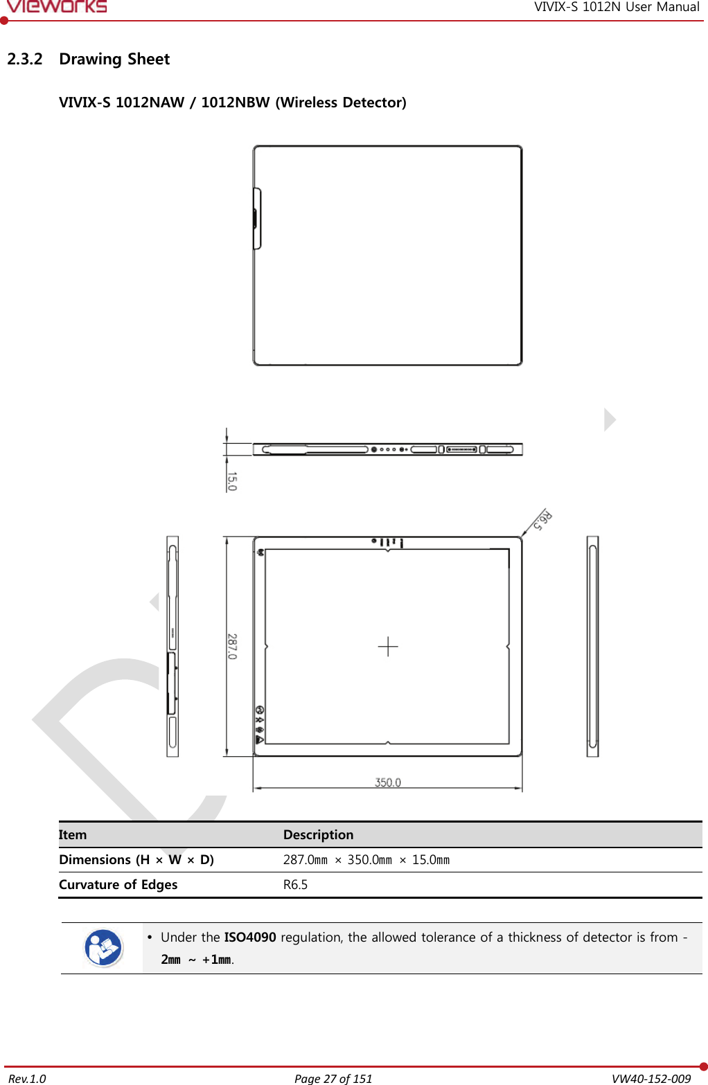   Rev.1.0 Page 27 of 151  VW40-152-009 VIVIX-S 1012N User Manual 2.3.2 Drawing Sheet  VIVIX-S 1012NAW / 1012NBW (Wireless Detector)    Item Description Dimensions (H × W × D) 287.0㎜ × 350.0㎜ × 15.0㎜ Curvature of Edges R6.5    Under the ISO4090 regulation, the allowed tolerance of a thickness of detector is from -2㎜ ~ +1㎜.    
