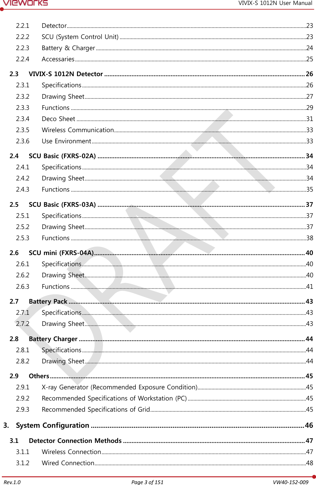   Rev.1.0 Page 3 of 151  VW40-152-009 VIVIX-S 1012N User Manual 2.2.1 Detector............................................................................................................................................................................23 2.2.2 SCU (System Control Unit) ......................................................................................................................................23 2.2.3 Battery &amp; Charger .......................................................................................................................................................24 2.2.4 Accessaries ......................................................................................................................................................................25 2.3 VIVIX-S 1012N Detector ...................................................................................................................... 26 2.3.1 Specifications .................................................................................................................................................................26 2.3.2 Drawing Sheet ...............................................................................................................................................................27 2.3.3  Functions .........................................................................................................................................................................29 2.3.4 Deco Sheet .....................................................................................................................................................................31 2.3.5 Wireless Communication..........................................................................................................................................33 2.3.6 Use Environment ..........................................................................................................................................................33 2.4 SCU Basic (FXRS-02A) .......................................................................................................................... 34 2.4.1 Specifications .................................................................................................................................................................34 2.4.2 Drawing Sheet ...............................................................................................................................................................34 2.4.3  Functions .........................................................................................................................................................................35 2.5 SCU Basic (FXRS-03A) .......................................................................................................................... 37 2.5.1 Specifications .................................................................................................................................................................37 2.5.2 Drawing Sheet ...............................................................................................................................................................37 2.5.3  Functions .........................................................................................................................................................................38 2.6 SCU mini (FXRS-04A) ............................................................................................................................ 40 2.6.1 Specifications .................................................................................................................................................................40 2.6.2 Drawing Sheet ...............................................................................................................................................................40 2.6.3  Functions .........................................................................................................................................................................41 2.7 Battery Pack ........................................................................................................................................... 43 2.7.1 Specifications .................................................................................................................................................................43 2.7.2 Drawing Sheet ...............................................................................................................................................................43 2.8 Battery Charger ..................................................................................................................................... 44 2.8.1 Specifications .................................................................................................................................................................44 2.8.2 Drawing Sheet ...............................................................................................................................................................44 2.9 Others ...................................................................................................................................................... 45 2.9.1  X-ray Generator (Recommended Exposure Condition)..............................................................................45 2.9.2 Recommended Specifications of Workstation (PC) .....................................................................................45 2.9.3 Recommended Specifications of Grid ................................................................................................................45 3. System Configuration ................................................................................................................... 46 3.1 Detector Connection Methods ........................................................................................................... 47 3.1.1 Wireless Connection ...................................................................................................................................................47 3.1.2 Wired Connection ........................................................................................................................................................48 