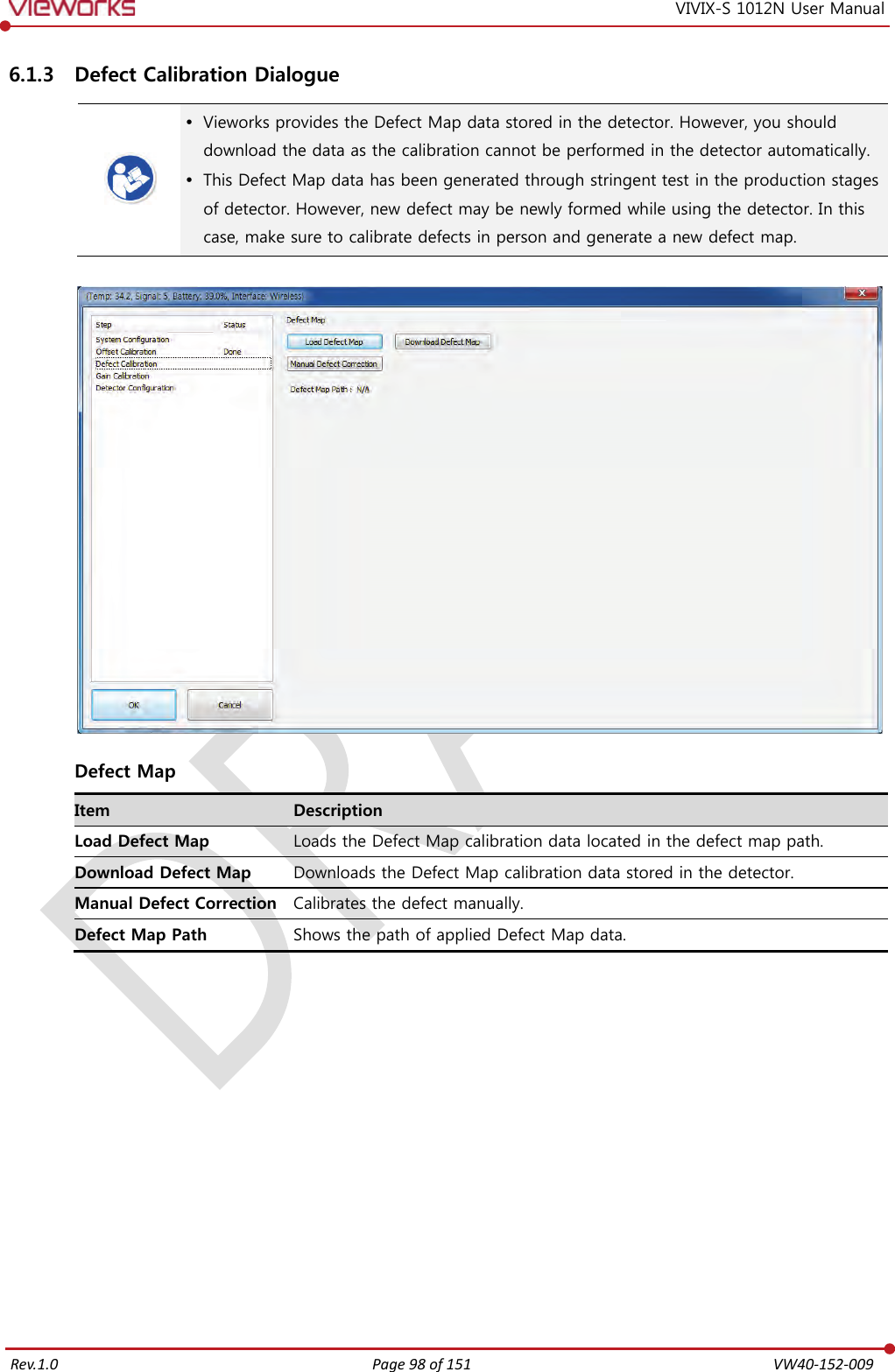   Rev.1.0 Page 98 of 151  VW40-152-009 VIVIX-S 1012N User Manual 6.1.3 Defect Calibration Dialogue   Vieworks provides the Defect Map data stored in the detector. However, you should download the data as the calibration cannot be performed in the detector automatically.  This Defect Map data has been generated through stringent test in the production stages of detector. However, new defect may be newly formed while using the detector. In this case, make sure to calibrate defects in person and generate a new defect map.    Defect Map Item Description Load Defect Map Loads the Defect Map calibration data located in the defect map path. Download Defect Map Downloads the Defect Map calibration data stored in the detector. Manual Defect Correction Calibrates the defect manually. Defect Map Path Shows the path of applied Defect Map data.             