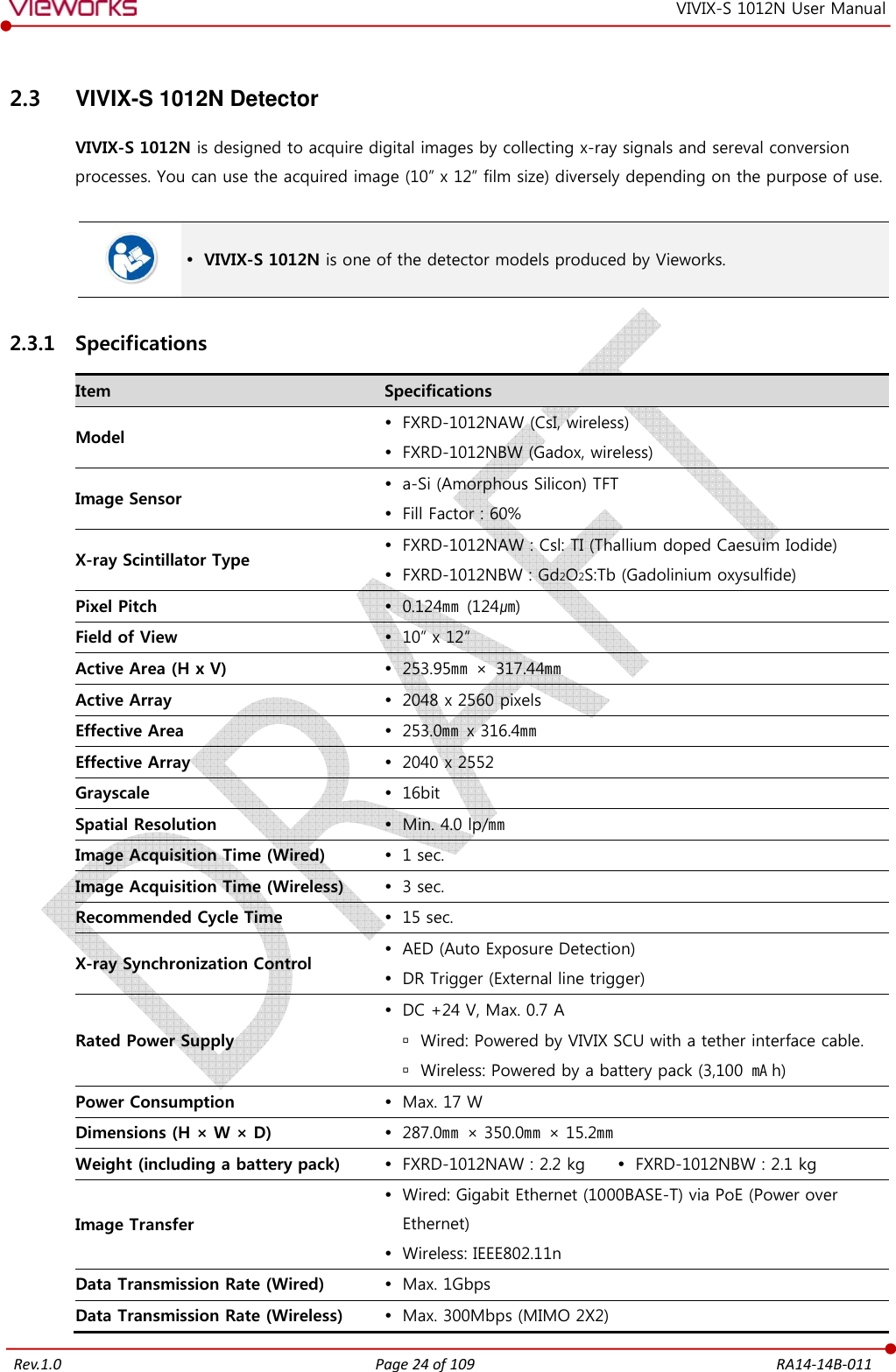   Rev.1.0 Page 24 of 109  RA14-14B-011 VIVIX-S 1012N User Manual 2.3  VIVIX-S 1012N Detector VIVIX-S 1012N is designed to acquire digital images by collecting x-ray signals and sereval conversion processes. You can use the acquired image (10” x 12” film size) diversely depending on the purpose of use.    VIVIX-S 1012N is one of the detector models produced by Vieworks. 2.3.1 Specifications Item  Specifications Model  FXRD-1012NAW (CsI, wireless)  FXRD-1012NBW (Gadox, wireless) Image Sensor  a-Si (Amorphous Silicon) TFT  Fill Factor : 60% X-ray Scintillator Type  FXRD-1012NAW : Csl: TI (Thallium doped Caesuim Iodide)  FXRD-1012NBW : Gd2O2S:Tb (Gadolinium oxysulfide) Pixel Pitch   0.124㎜  (124㎛) Field of View   10” x 12” Active Area (H x V)   253.95㎜ ×  317.44㎜ Active Array   2048 x 2560 pixels Effective Area   253.0㎜  x 316.4㎜ Effective Array   2040 x 2552 Grayscale   16bit Spatial Resolution   Min. 4.0 lp/㎜ Image Acquisition Time (Wired)   1 sec. Image Acquisition Time (Wireless)   3 sec. Recommended Cycle Time   15 sec. X-ray Synchronization Control  AED (Auto Exposure Detection)  DR Trigger (External line trigger) Rated Power Supply  DC +24 V, Max. 0.7 A  Wired: Powered by VIVIX SCU with a tether interface cable.  Wireless: Powered by a battery pack (3,100  ㎃ h) Power Consumption   Max. 17 W Dimensions (H × W × D)   287.0㎜  × 350.0㎜  × 15.2㎜ Weight (including a battery pack)   FXRD-1012NAW : 2.2 kg     FXRD-1012NBW : 2.1 kg Image Transfer  Wired: Gigabit Ethernet (1000BASE-T) via PoE (Power over Ethernet)  Wireless: IEEE802.11n Data Transmission Rate (Wired)   Max. 1Gbps Data Transmission Rate (Wireless)   Max. 300Mbps (MIMO 2X2) 