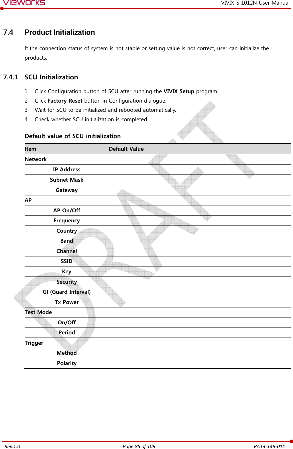   Rev.1.0 Page 85 of 109  RA14-14B-011 VIVIX-S 1012N User Manual 7.4  Product Initialization If the connection status of system is not stable or setting value is not correct, user can initialize the products. 7.4.1 SCU Initialization 1 Click Configuration button of SCU after running the VIVIX Setup program. 2 Click Factory Reset button in Configuration dialogue. 3 Wait for SCU to be initialized and rebooted automatically. 4 Check whether SCU initialization is completed.  Default value of SCU initialization Item  Default Value Network   IP Address   Subnet Mask   Gateway   AP   AP On/Off   Frequency   Country   Band   Channel   SSID   Key   Security   GI (Guard Interval)   Tx Power   Test Mode   On/Off   Period   Trigger   Method   Polarity          