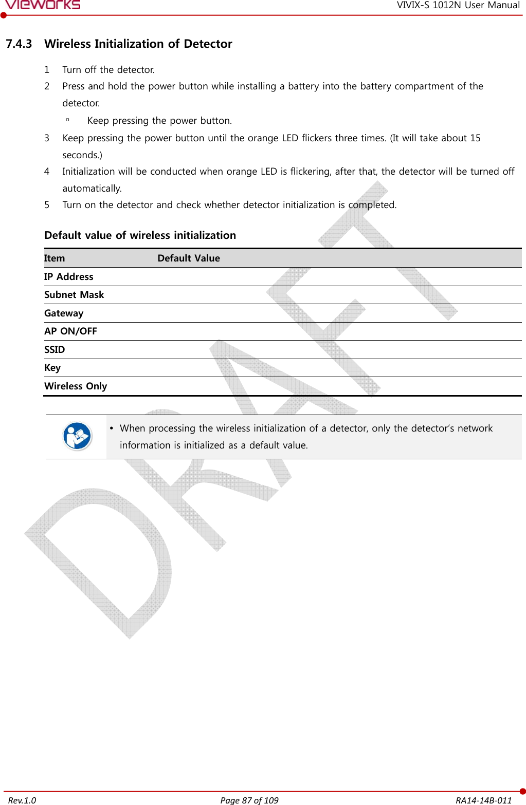   Rev.1.0 Page 87 of 109  RA14-14B-011 VIVIX-S 1012N User Manual 7.4.3 Wireless Initialization of Detector 1 Turn off the detector. 2 Press and hold the power button while installing a battery into the battery compartment of the detector.  Keep pressing the power button. 3 Keep pressing the power button until the orange LED flickers three times. (It will take about 15 seconds.) 4 Initialization will be conducted when orange LED is flickering, after that, the detector will be turned off automatically. 5 Turn on the detector and check whether detector initialization is completed.  Default value of wireless initialization Item  Default Value IP Address   Subnet Mask   Gateway   AP ON/OFF   SSID   Key   Wireless Only      When processing the wireless initialization of a detector, only the detector’s network information is initialized as a default value. 