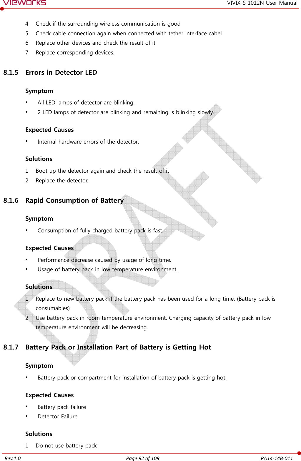   Rev.1.0 Page 92 of 109  RA14-14B-011 VIVIX-S 1012N User Manual 4 Check if the surrounding wireless communication is good 5 Check cable connection again when connected with tether interface cabel 6 Replace other devices and check the result of it 7 Replace corresponding devices. 8.1.5 Errors in Detector LED  Symptom  All LED lamps of detector are blinking.  2 LED lamps of detector are blinking and remaining is blinking slowly.  Expected Causes  Internal hardware errors of the detector.  Solutions 1 Boot up the detector again and check the result of it 2 Replace the detector. 8.1.6 Rapid Consumption of Battery  Symptom  Consumption of fully charged battery pack is fast.  Expected Causes  Performance decrease caused by usage of long time.  Usage of battery pack in low temperature environment.  Solutions 1 Replace to new battery pack if the battery pack has been used for a long time. (Battery pack is consumables) 2 Use battery pack in room temperature environment. Charging capacity of battery pack in low temperature environment will be decreasing. 8.1.7 Battery Pack or Installation Part of Battery is Getting Hot  Symptom  Battery pack or compartment for installation of battery pack is getting hot.  Expected Causes  Battery pack failure  Detector Failure  Solutions 1 Do not use battery pack 