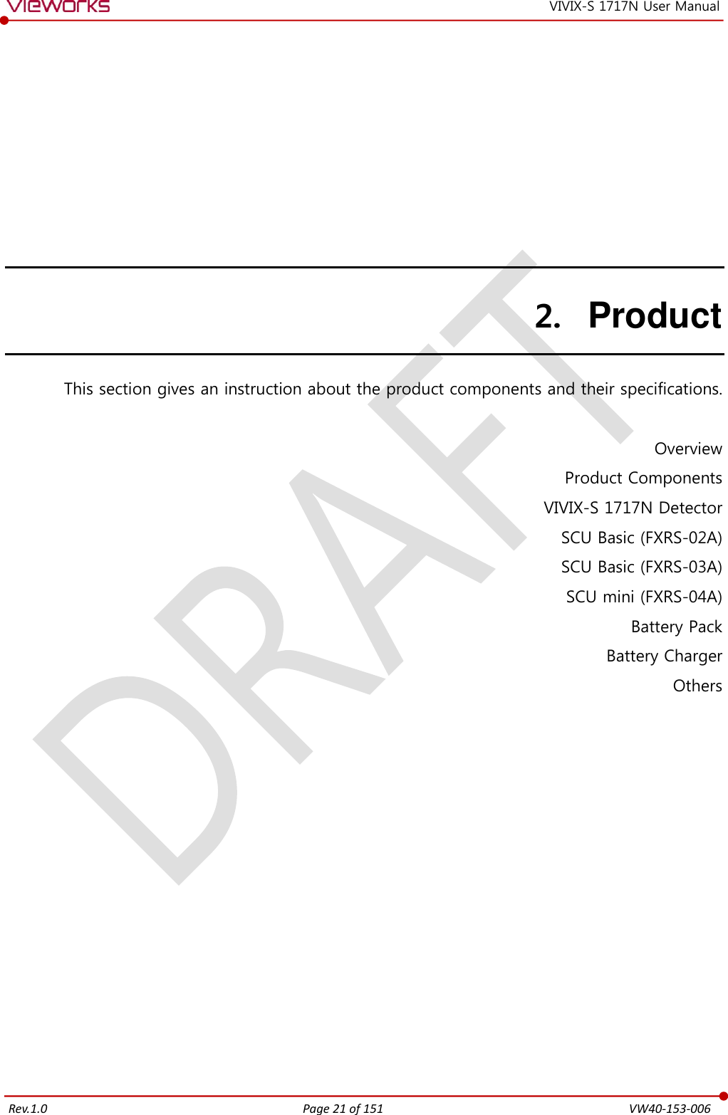   Rev.1.0 Page 21 of 151  VW40-153-006 VIVIX-S 1717N User Manual 2. Product This section gives an instruction about the product components and their specifications.  Overview Product Components VIVIX-S 1717N Detector SCU Basic (FXRS-02A) SCU Basic (FXRS-03A) SCU mini (FXRS-04A) Battery Pack Battery Charger Others     