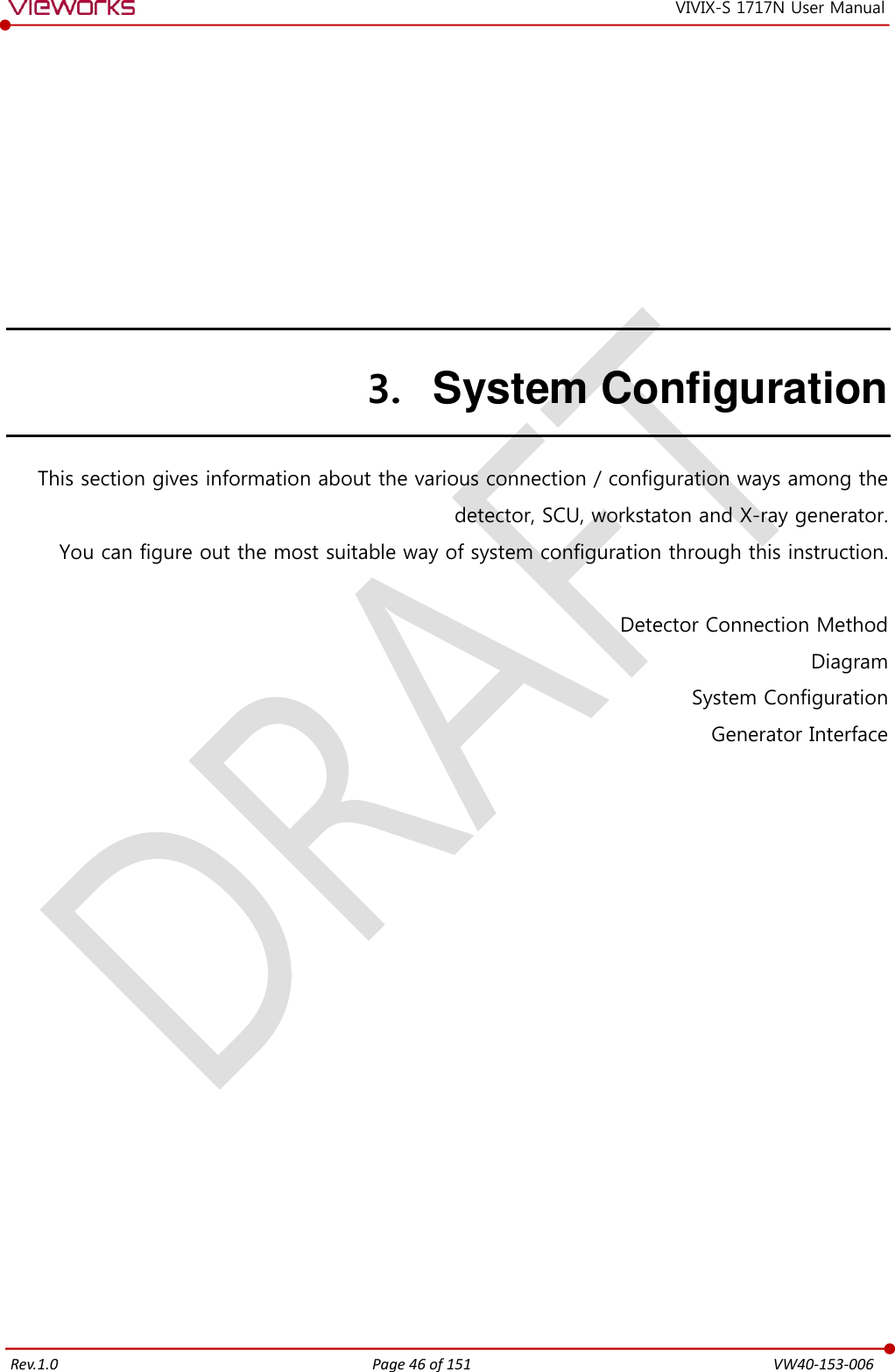   Rev.1.0 Page 46 of 151  VW40-153-006 VIVIX-S 1717N User Manual 3. System Configuration This section gives information about the various connection / configuration ways among the detector, SCU, workstaton and X-ray generator. You can figure out the most suitable way of system configuration through this instruction.  Detector Connection Method Diagram System Configuration Generator Interface             