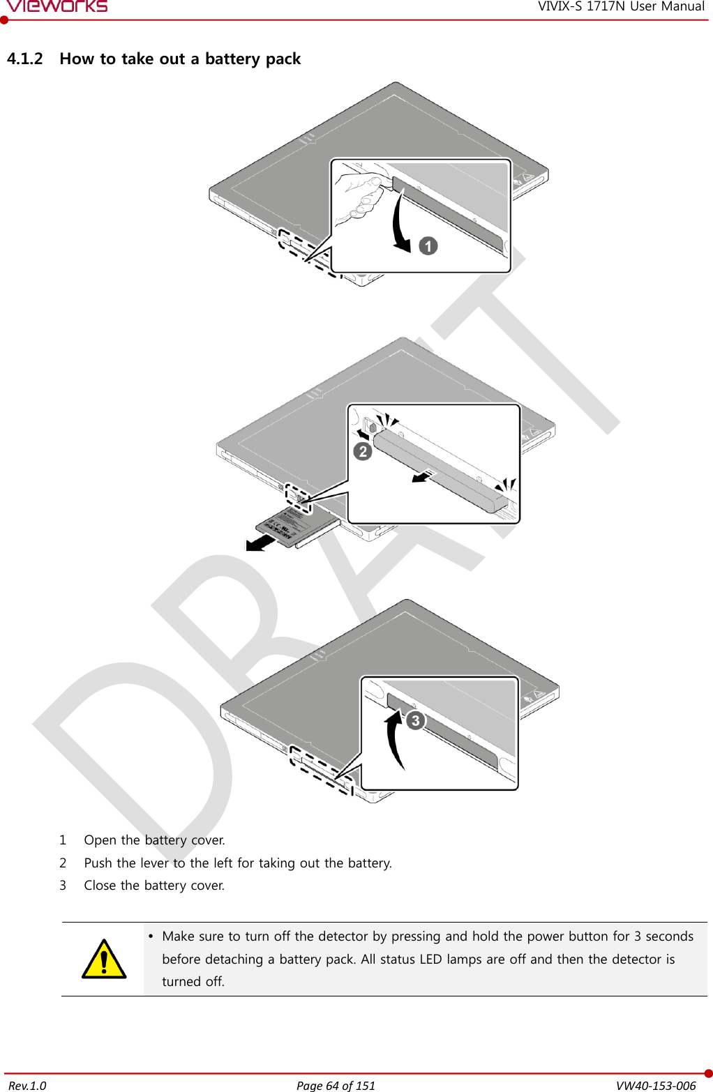   Rev.1.0 Page 64 of 151  VW40-153-006 VIVIX-S 1717N User Manual 4.1.2 How to take out a battery pack   1 Open the battery cover. 2 Push the lever to the left for taking out the battery. 3 Close the battery cover.    Make sure to turn off the detector by pressing and hold the power button for 3 seconds before detaching a battery pack. All status LED lamps are off and then the detector is turned off.  