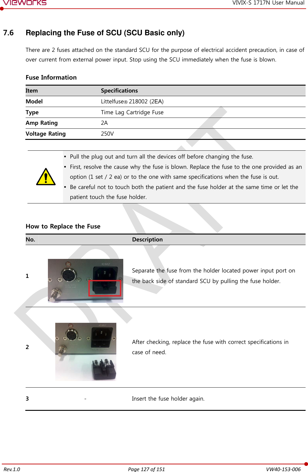   Rev.1.0 Page 127 of 151  VW40-153-006 VIVIX-S 1717N User Manual 7.6  Replacing the Fuse of SCU (SCU Basic only) There are 2 fuses attached on the standard SCU for the purpose of electrical accident precaution, in case of over current from external power input. Stop using the SCU immediately when the fuse is blown.  Fuse Information Item Specifications Model Littelfuse® 218002 (2EA) Type Time Lag Cartridge Fuse Amp Rating 2A Voltage Rating 250V    Pull the plug out and turn all the devices off before changing the fuse.  First, resolve the cause why the fuse is blown. Replace the fuse to the one provided as an option (1 set / 2 ea) or to the one with same specifications when the fuse is out.  Be careful not to touch both the patient and the fuse holder at the same time or let the patient touch the fuse holder.   How to Replace the Fuse No.  Description 1   Separate the fuse from the holder located power input port on   the back side of standard SCU by pulling the fuse holder. 2   After checking, replace the fuse with correct specifications in   case of need. 3 - Insert the fuse holder again.   