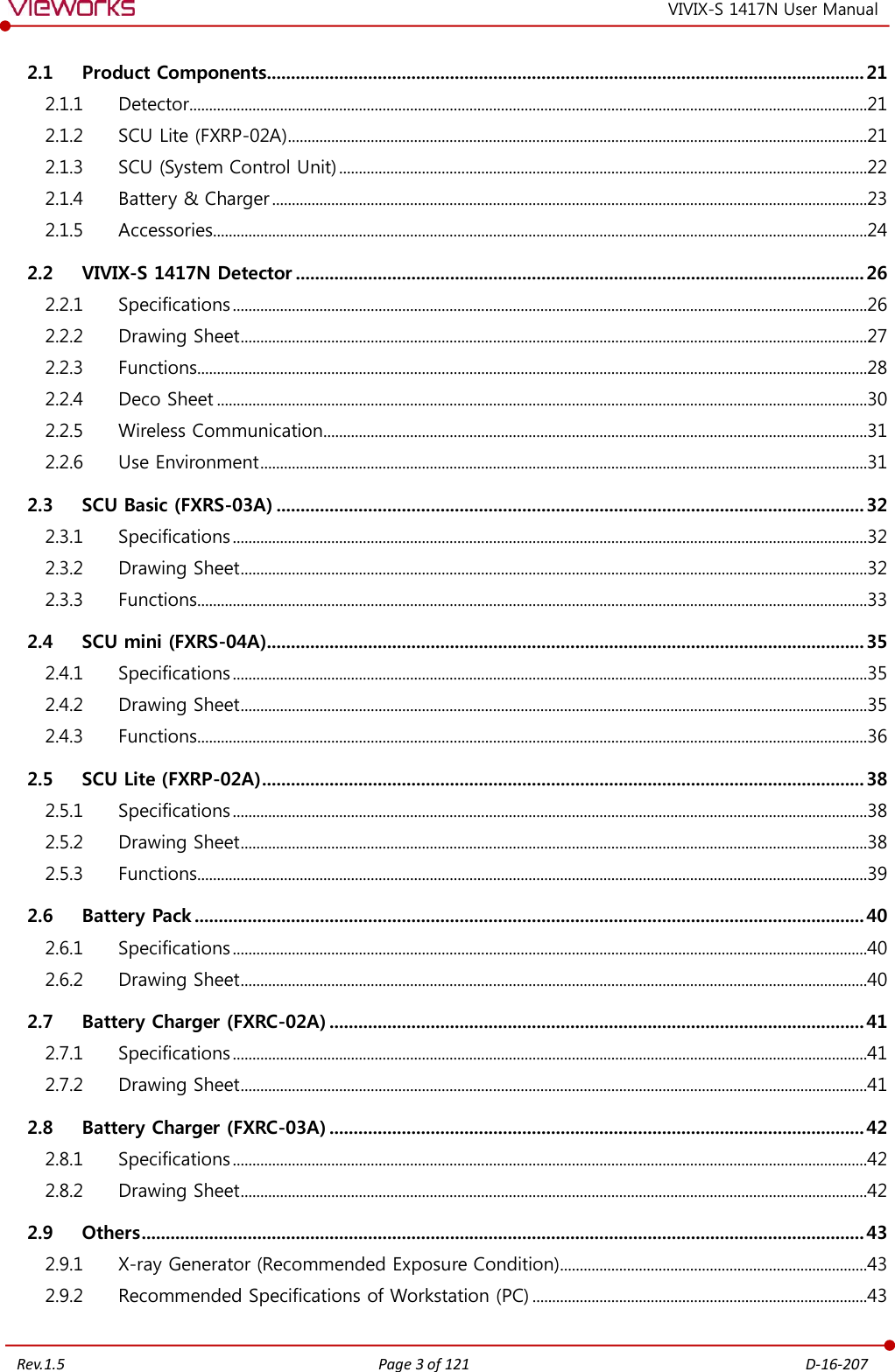   Rev.1.5 Page 3 of 121  D-16-207 VIVIX-S 1417N User Manual 2.1 Product Components............................................................................................................................ 21 2.1.1  Detector............................................................................................................................................................................21 2.1.2  SCU Lite (FXRP-02A) ...................................................................................................................................................21 2.1.3  SCU (System Control Unit) ......................................................................................................................................22 2.1.4  Battery &amp; Charger .......................................................................................................................................................23 2.1.5  Accessories ......................................................................................................................................................................24 2.2 VIVIX-S 1417N Detector ...................................................................................................................... 26 2.2.1  Specifications .................................................................................................................................................................26 2.2.2  Drawing Sheet ...............................................................................................................................................................27 2.2.3  Functions..........................................................................................................................................................................28 2.2.4  Deco Sheet .....................................................................................................................................................................30 2.2.5  Wireless Communication..........................................................................................................................................31 2.2.6  Use Environment ..........................................................................................................................................................31 2.3 SCU Basic (FXRS-03A) .......................................................................................................................... 32 2.3.1  Specifications .................................................................................................................................................................32 2.3.2  Drawing Sheet ...............................................................................................................................................................32 2.3.3  Functions..........................................................................................................................................................................33 2.4 SCU mini (FXRS-04A) ............................................................................................................................ 35 2.4.1  Specifications .................................................................................................................................................................35 2.4.2  Drawing Sheet ...............................................................................................................................................................35 2.4.3  Functions..........................................................................................................................................................................36 2.5 SCU Lite (FXRP-02A) ............................................................................................................................. 38 2.5.1  Specifications .................................................................................................................................................................38 2.5.2  Drawing Sheet ...............................................................................................................................................................38 2.5.3  Functions..........................................................................................................................................................................39 2.6 Battery Pack ........................................................................................................................................... 40 2.6.1  Specifications .................................................................................................................................................................40 2.6.2  Drawing Sheet ...............................................................................................................................................................40 2.7 Battery Charger (FXRC-02A) ............................................................................................................... 41 2.7.1  Specifications .................................................................................................................................................................41 2.7.2  Drawing Sheet ...............................................................................................................................................................41 2.8 Battery Charger (FXRC-03A) ............................................................................................................... 42 2.8.1  Specifications .................................................................................................................................................................42 2.8.2  Drawing Sheet ...............................................................................................................................................................42 2.9 Others ...................................................................................................................................................... 43 2.9.1  X-ray Generator (Recommended Exposure Condition)..............................................................................43 2.9.2  Recommended Specifications of Workstation (PC) .....................................................................................43 