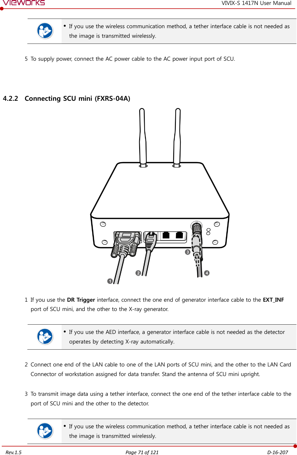   Rev.1.5 Page 71 of 121  D-16-207 VIVIX-S 1417N User Manual   If you use the wireless communication method, a tether interface cable is not needed as the image is transmitted wirelessly.  5 To supply power, connect the AC power cable to the AC power input port of SCU.   4.2.2 Connecting SCU mini (FXRS-04A)   1 If you use the DR Trigger interface, connect the one end of generator interface cable to the EXT_INF port of SCU mini, and the other to the X-ray generator.    If you use the AED interface, a generator interface cable is not needed as the detector operates by detecting X-ray automatically.  2 Connect one end of the LAN cable to one of the LAN ports of SCU mini, and the other to the LAN Card Connector of workstation assigned for data transfer. Stand the antenna of SCU mini upright.  3 To transmit image data using a tether interface, connect the one end of the tether interface cable to the port of SCU mini and the other to the detector.    If you use the wireless communication method, a tether interface cable is not needed as the image is transmitted wirelessly. 