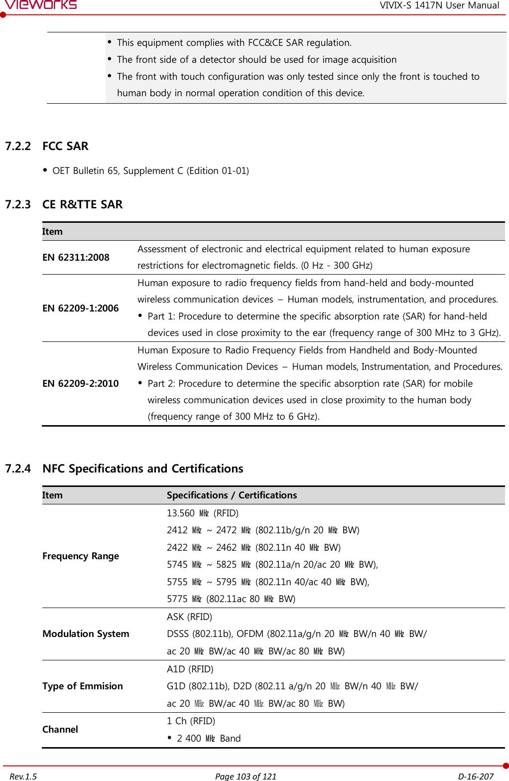   Rev.1.5 Page 103 of 121  D-16-207 VIVIX-S 1417N User Manual  This equipment complies with FCC&amp;CE SAR regulation.  The front side of a detector should be used for image acquisition  The front with touch configuration was only tested since only the front is touched to human body in normal operation condition of this device.  7.2.2 FCC SAR  OET Bulletin 65, Supplement C (Edition 01-01) 7.2.3 CE R&amp;TTE SAR Item  EN 62311:2008 Assessment of electronic and electrical equipment related to human exposure restrictions for electromagnetic fields. (0 Hz - 300 GHz) EN 62209-1:2006 Human exposure to radio frequency fields from hand-held and body-mounted wireless communication devices  –  Human models, instrumentation, and procedures.  Part 1: Procedure to determine the specific absorption rate (SAR) for hand-held devices used in close proximity to the ear (frequency range of 300 MHz to 3 GHz). EN 62209-2:2010 Human Exposure to Radio Frequency Fields from Handheld and Body-Mounted Wireless Communication Devices –  Human models, Instrumentation, and Procedures.  Part 2: Procedure to determine the specific absorption rate (SAR) for mobile wireless communication devices used in close proximity to the human body (frequency range of 300 MHz to 6 GHz).  7.2.4 NFC Specifications and Certifications Item Specifications / Certifications Frequency Range 13.560  ㎒ (RFID) 2412 ㎒  ~ 2472 ㎒ (802.11b/g/n 20  ㎒  BW) 2422 ㎒  ~ 2462 ㎒ (802.11n 40  ㎒  BW) 5745 ㎒  ~ 5825 ㎒ (802.11a/n 20/ac 20  ㎒ BW), 5755 ㎒  ~ 5795 ㎒ (802.11n 40/ac 40  ㎒  BW), 5775 ㎒  (802.11ac 80  ㎒  BW) Modulation System ASK (RFID) DSSS (802.11b), OFDM (802.11a/g/n 20  ㎒  BW/n 40  ㎒  BW/ ac 20 ㎒  BW/ac 40 ㎒ BW/ac 80 ㎒ BW) Type of Emmision A1D (RFID) G1D (802.11b), D2D (802.11 a/g/n 20 ㎒  BW/n 40  ㎒  BW/ ac 20 ㎒  BW/ac 40 ㎒  BW/ac 80  ㎒ BW) Channel 1 Ch (RFID)  2 400 ㎒  Band 