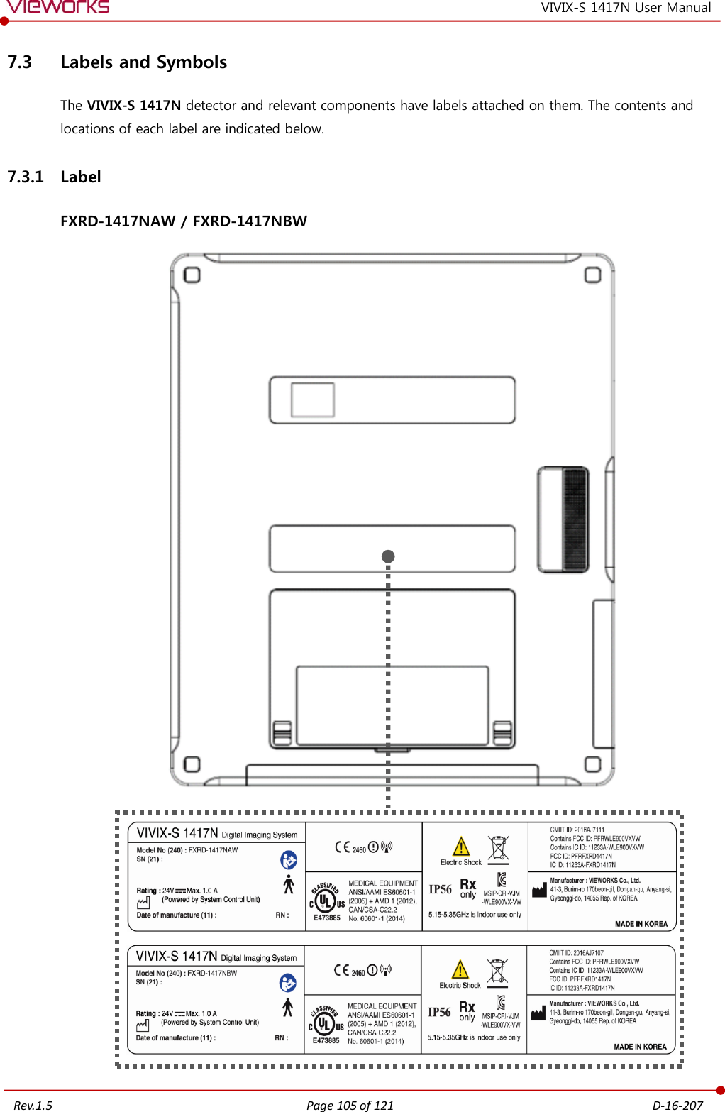   Rev.1.5 Page 105 of 121  D-16-207 VIVIX-S 1417N User Manual 7.3 Labels and Symbols The VIVIX-S 1417N detector and relevant components have labels attached on them. The contents and locations of each label are indicated below. 7.3.1 Label FXRD-1417NAW / FXRD-1417NBW             