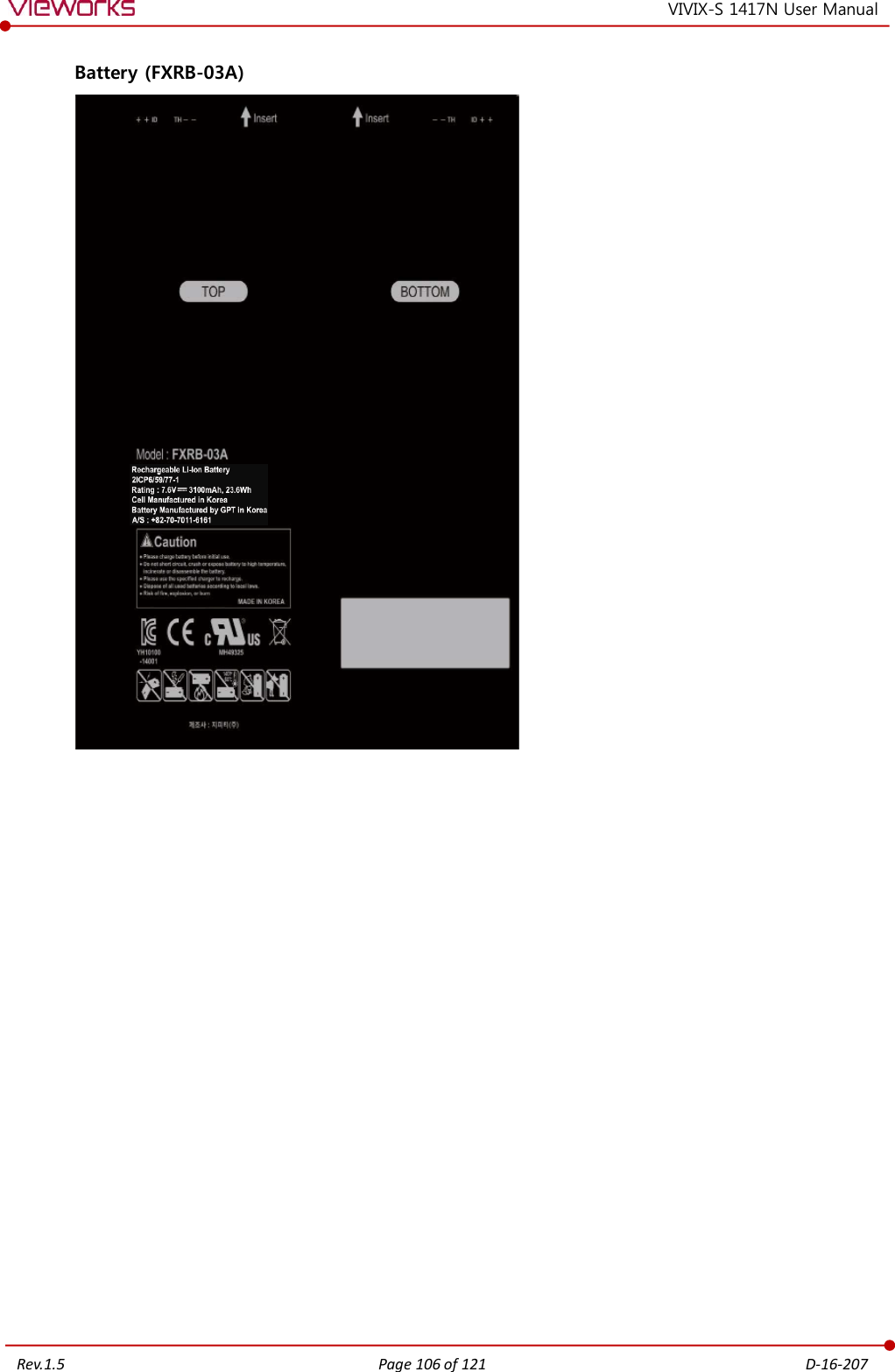   Rev.1.5 Page 106 of 121  D-16-207 VIVIX-S 1417N User Manual Battery (FXRB-03A)                     