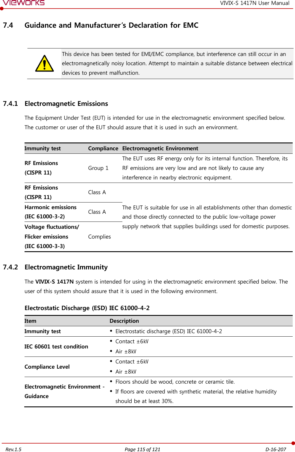   Rev.1.5 Page 115 of 121  D-16-207 VIVIX-S 1417N User Manual 7.4 Guidance and Manufacturer’s Declaration for EMC   This device has been tested for EMI/EMC compliance, but interference can still occur in an electromagnetically noisy location. Attempt to maintain a suitable distance between electrical devices to prevent malfunction.  7.4.1 Electromagnetic Emissions The Equipment Under Test (EUT) is intended for use in the electromagnetic environment specified below. The customer or user of the EUT should assure that it is used in such an environment.  Immunity test Compliance Electromagnetic Environment RF Emissions (CISPR 11) Group 1 The EUT uses RF energy only for its internal function. Therefore, its RF emissions are very low and are not likely to cause any interference in nearby electronic equipment. RF Emissions (CISPR 11) Class A The EUT is suitable for use in all establishments other than domestic and those directly connected to the public low-voltage power supply network that supplies buildings used for domestic purposes. Harmonic emissions (IEC 61000-3-2) Class A Voltage fluctuations/ Flicker emissions (IEC 61000-3-3) Complies 7.4.2 Electromagnetic Immunity The VIVIX-S 1417N system is intended for using in the electromagnetic environment specified below. The user of this system should assure that it is used in the following environment. Electrostatic Discharge (ESD) IEC 61000-4-2 Item Description Immunity test  Electrostatic discharge (ESD) IEC 61000-4-2 IEC 60601 test condition  Contact ±6㎸  Air ±8㎸ Compliance Level  Contact ±6㎸  Air ±8㎸ Electromagnetic Environment - Guidance  Floors should be wood, concrete or ceramic tile.  If floors are covered with synthetic material, the relative humidity should be at least 30%.    