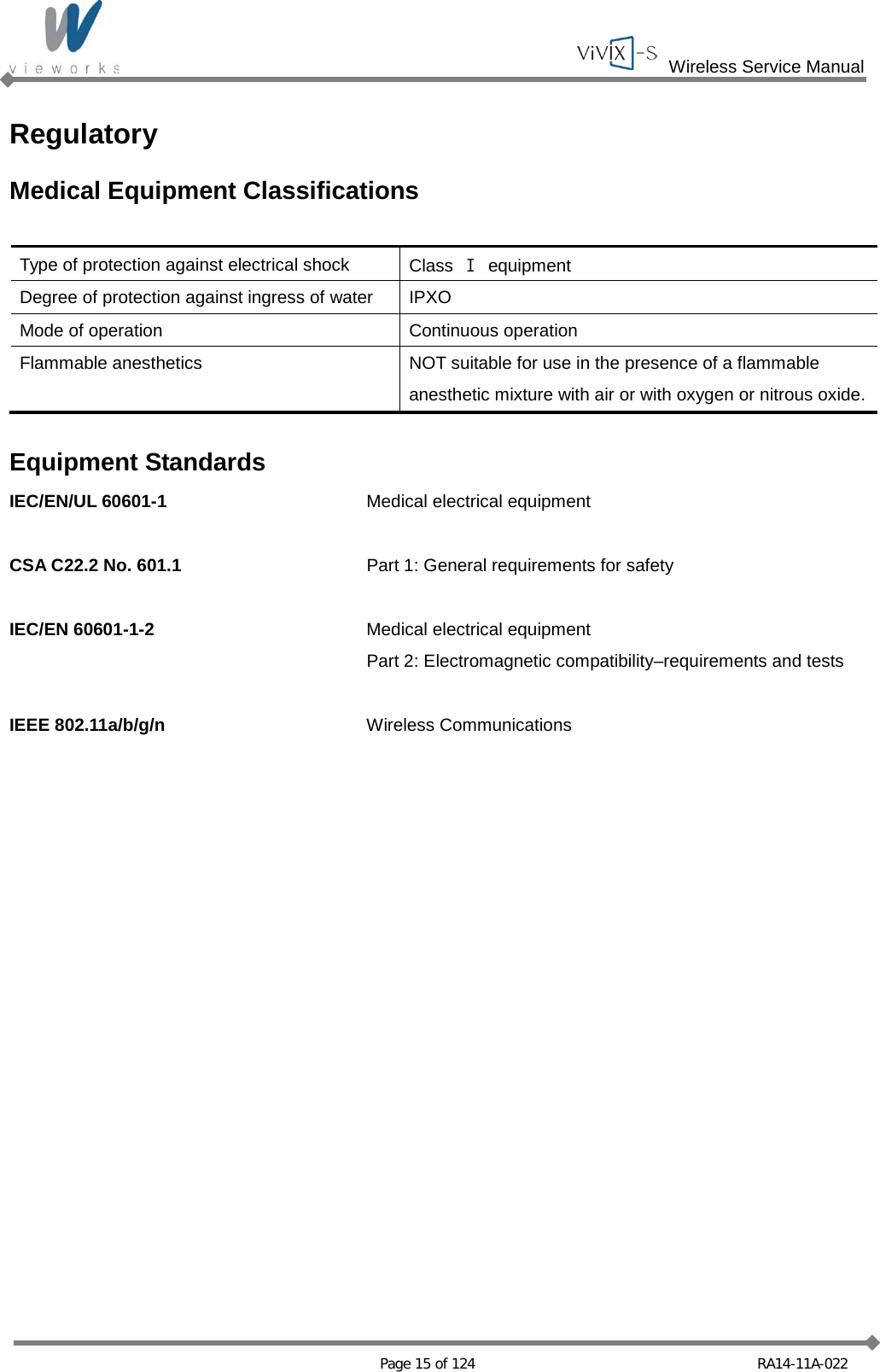  Wireless Service Manual   Page 15 of 124 RA14-11A-022 Regulatory Medical Equipment Classifications  Type of protection against electrical shock Class  Ⅰ equipment Degree of protection against ingress of water IPXO Mode of operation Continuous operation Flammable anesthetics NOT suitable for use in the presence of a flammable anesthetic mixture with air or with oxygen or nitrous oxide.  Equipment Standards IEC/EN/UL 60601-1 Medical electrical equipment  CSA C22.2 No. 601.1 Part 1: General requirements for safety  IEC/EN 60601-1-2 Medical electrical equipment  Part 2: Electromagnetic compatibility–requirements and tests  IEEE 802.11a/b/g/n Wireless Communications  