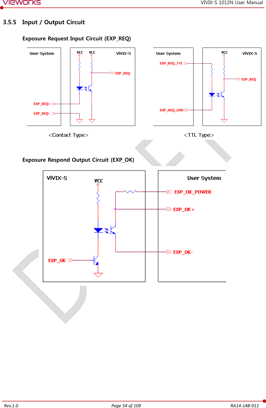   Rev.1.0 Page 54 of 109  RA14-14B-011 VIVIX-S 1012N User Manual 3.5.5 Input / Output Circuit  Exposure Request Input Circuit (EXP_REQ)    Exposure Respond Output Circuit (EXP_OK)         