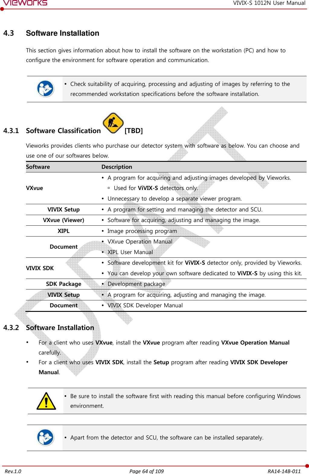  Rev.1.0 Page 64 of 109  RA14-14B-011 VIVIX-S 1012N User Manual 4.3  Software Installation This section gives information about how to install the software on the workstation (PC) and how to configure the environment for software operation and communication.    Check suitability of acquiring, processing and adjusting of images by referring to the recommended workstation specifications before the software installation. 4.3.1 Software Classification [TBD] Vieworks provides clients who purchase our detector system with software as below. You can choose and use one of our softwares below. Software  Description VXvue  A program for acquiring and adjusting images developed by Vieworks.  Used for ViVIX-S detectors only.  Unnecessary to develop a separate viewer program. VIVIX Setup   A program for setting and managing the detector and SCU. VXvue (Viewer)   Software for acquiring, adjusting and managing the image. XIPL   Image processing program Document  VXvue Operation Manual  XIPL User Manual VIVIX SDK  Software development kit for ViVIX-S detector only, provided by Vieworks.  You can develop your own software dedicated to ViVIX-S by using this kit. SDK Package   Development package VIVIX Setup   A program for acquiring, adjusting and managing the image. Document   VIVIX SDK Developer Manual 4.3.2 Software Installation  For a client who uses VXvue, install the VXvue program after reading VXvue Operation Manual carefully.  For a client who uses VIVIX SDK, install the Setup program after reading VIVIX SDK Developer Manual.    Be sure to install the software first with reading this manual before configuring Windows environment.    Apart from the detector and SCU, the software can be installed separately.  