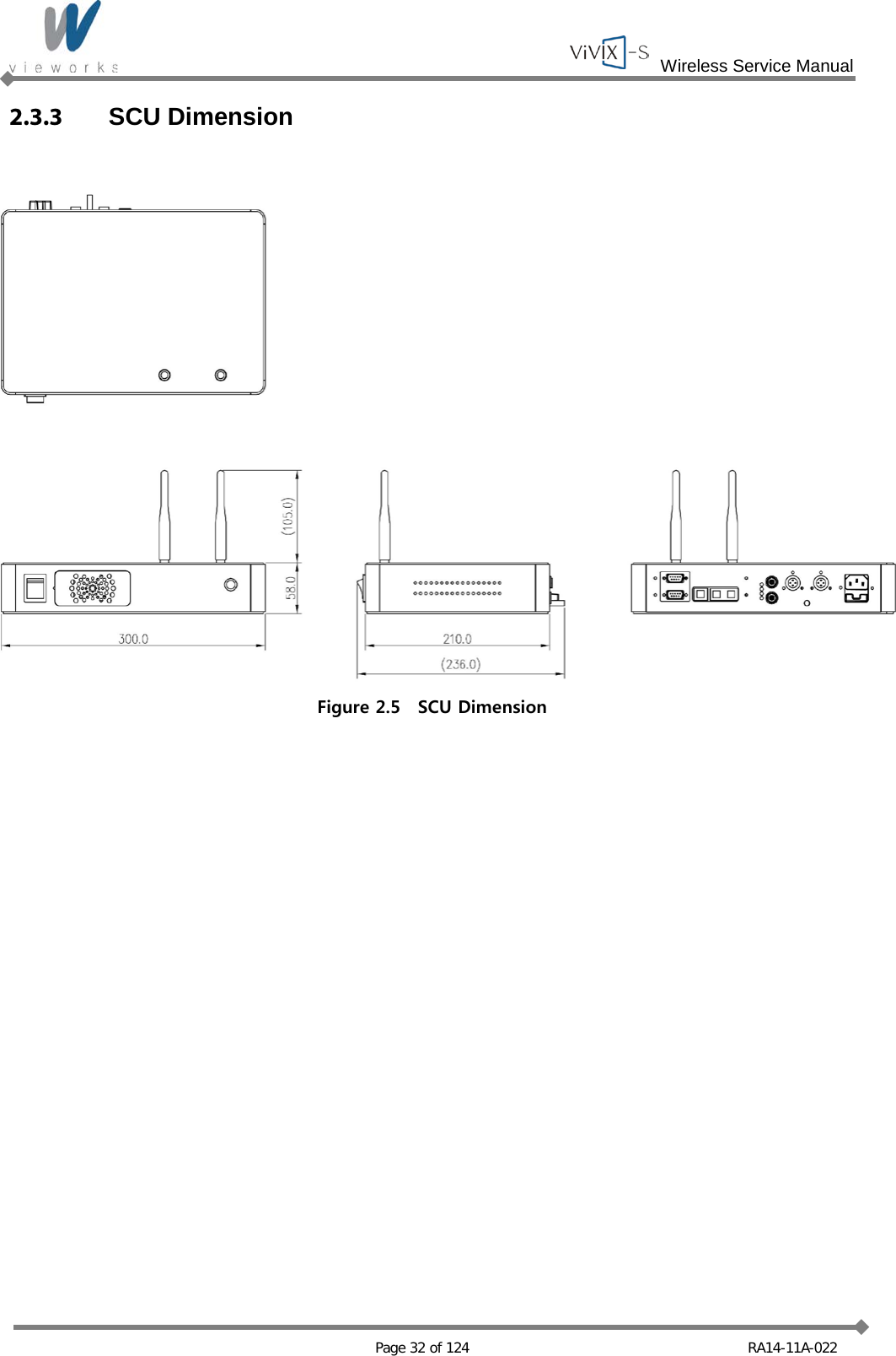  Wireless Service Manual   Page 32 of 124 RA14-11A-022 2.3.3 SCU Dimension  Figure 2.5  SCU Dimension  