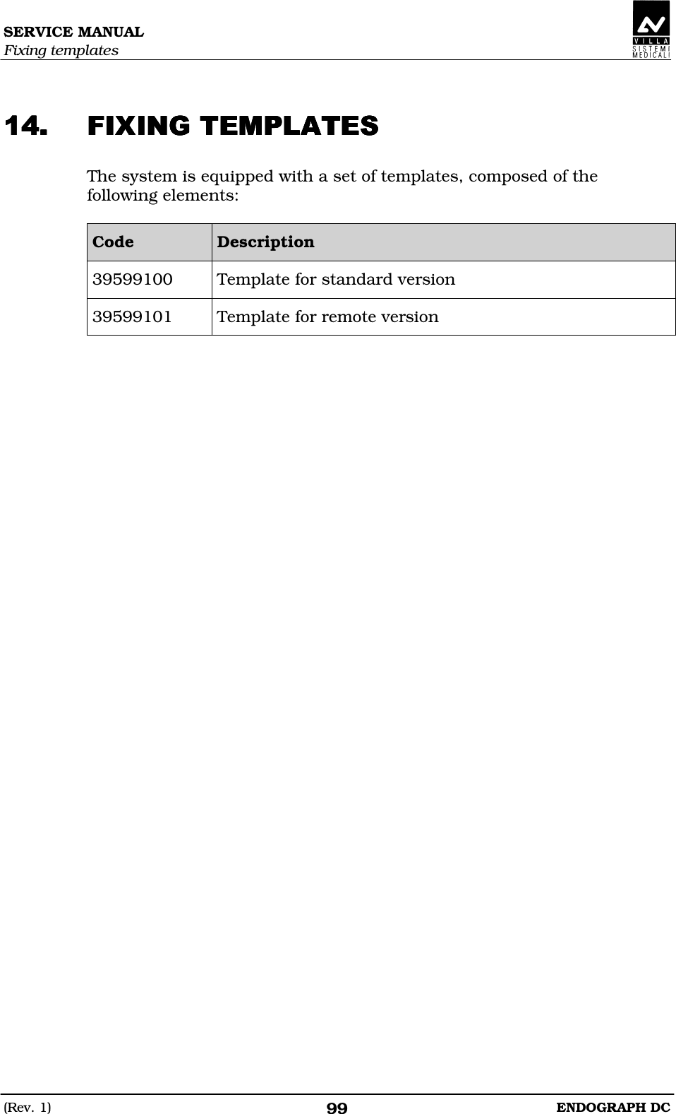 SERVICE MANUAL Fixing templates (Rev. 1)  ENDOGRAPH DC 99   CCCC The system is equipped with a set of templates, composed of the following elements:  Code  Description 39599100  Template for standard version 39599101  Template for remote version   
