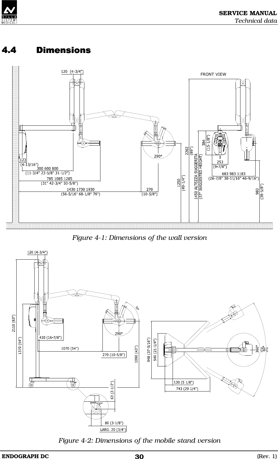 SERVICE MANUAL Technical data ENDOGRAPH DC  (Rev. 1) 30   DDDD   ABC Figure 4-1: Dimensions of the wall version    Figure 4-2: Dimensions of the mobile stand version 