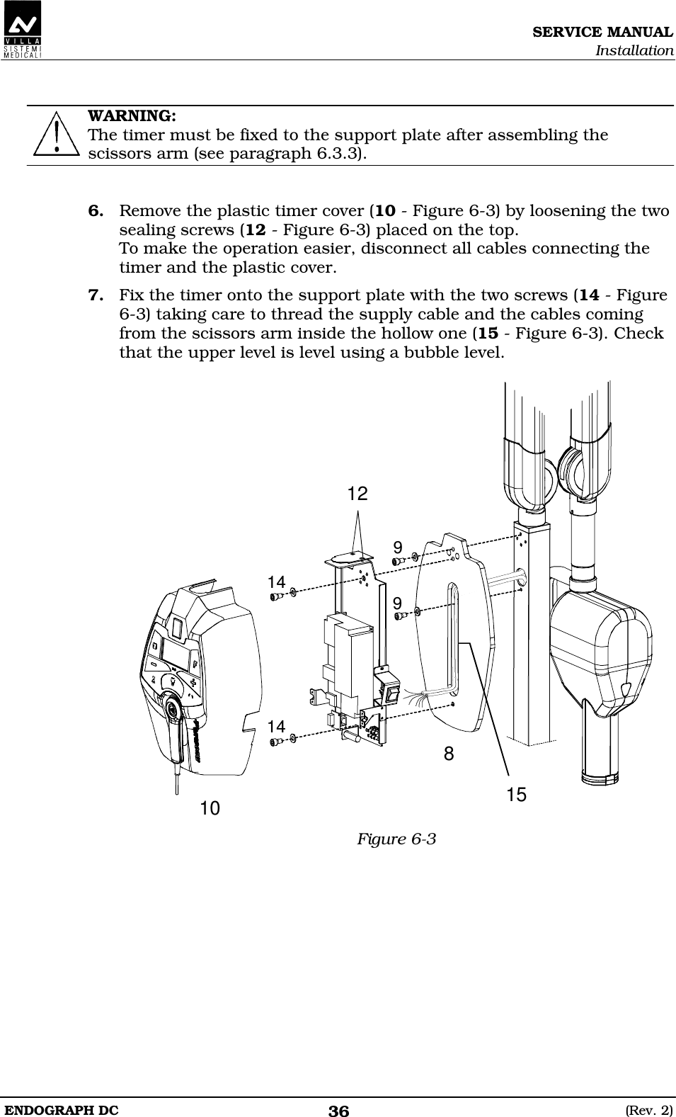 SERVICE MANUAL Installation ENDOGRAPH DC  (Rev. 2) 36  WARNING: The timer must be fixed to the support plate after assembling the scissors arm (see paragraph 6.3.3).   6. Remove the plastic timer cover (10 - Figure 6-3) by loosening the two sealing screws (12 - Figure 6-3) placed on the top. To make the operation easier, disconnect all cables connecting the timer and the plastic cover. 7. Fix the timer onto the support plate with the two screws (14 - Figure 6-3) taking care to thread the supply cable and the cables coming from the scissors arm inside the hollow one (15 - Figure 6-3). Check that the upper level is level using a bubble level.  1081512991414 Figure 6-3   