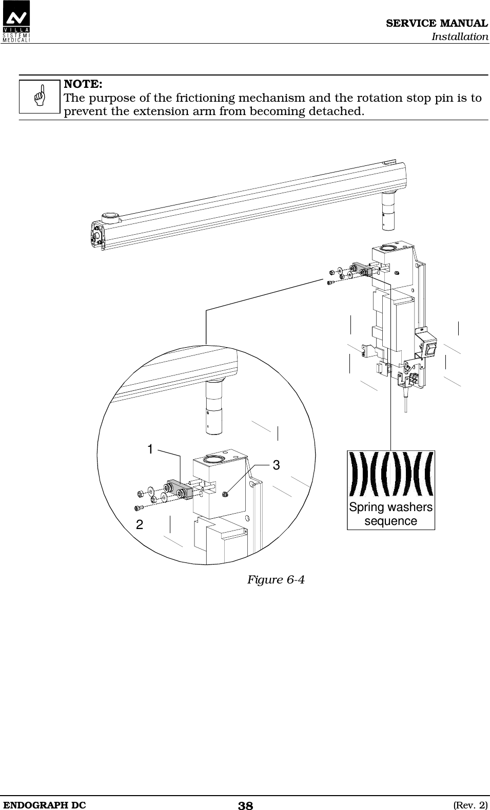 SERVICE MANUAL Installation ENDOGRAPH DC  (Rev. 2) 38  NOTE: The purpose of the frictioning mechanism and the rotation stop pin is to prevent the extension arm from becoming detached.    123Spring washerssequence Figure 6-4  
