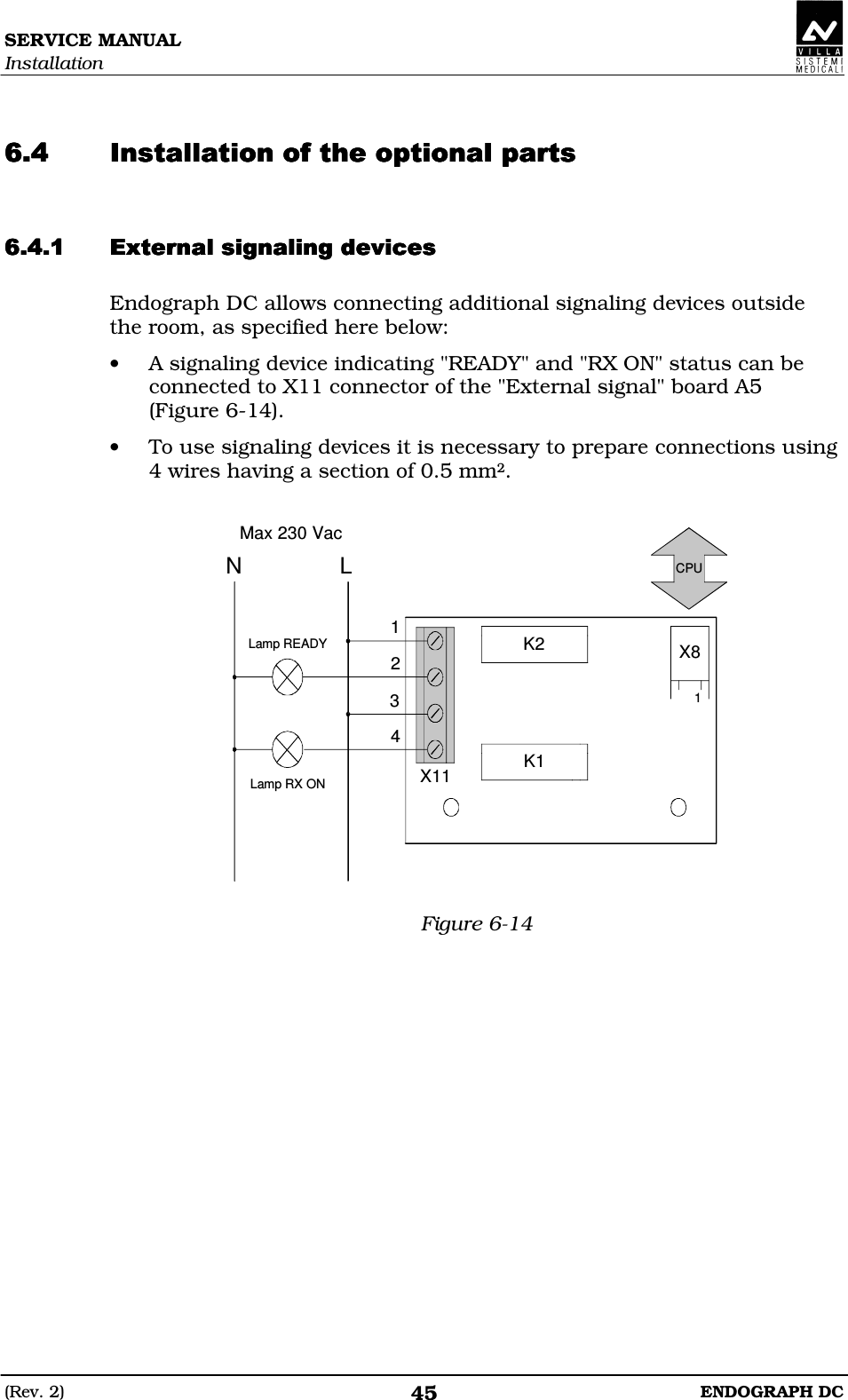 SERVICE MANUAL Installation (Rev. 2)  ENDOGRAPH DC 45   DEDEDEDE DEDFDDEDFDDEDFDDEDFD Endograph DC allows connecting additional signaling devices outside the room, as specified here below: • A signaling device indicating &quot;READY&quot; and &quot;RX ON&quot; status can be connected to X11 connector of the &quot;External signal&quot; board A5  (Figure 6-14). • To use signaling devices it is necessary to prepare connections using  4 wires having a section of 0.5 mm2.  N LMax 230 VacLamp READYLamp RX ON1234X11K2K1X81CPU Figure 6-14  