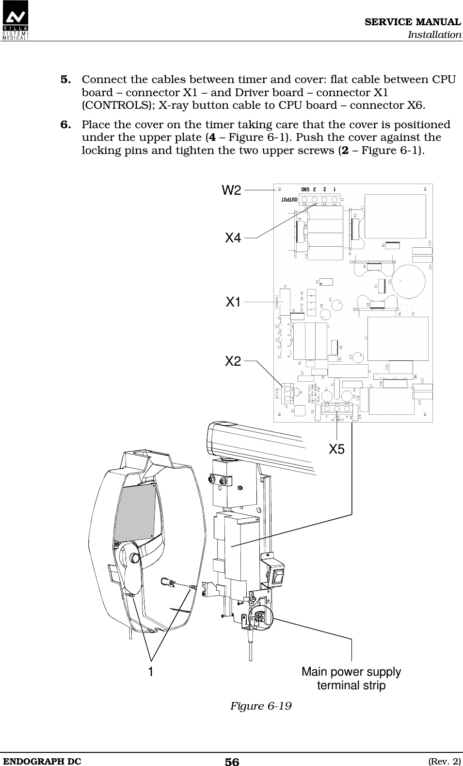 SERVICE MANUAL Installation ENDOGRAPH DC  (Rev. 2) 56  5. Connect the cables between timer and cover: flat cable between CPU board – connector X1 – and Driver board – connector X1 (CONTROLS); X-ray button cable to CPU board – connector X6. 6. Place the cover on the timer taking care that the cover is positioned under the upper plate (4 – Figure 6-1). Push the cover against the locking pins and tighten the two upper screws (2 – Figure 6-1).   X4W2X2Main power supplyterminal strip1X1X5 Figure 6-19 