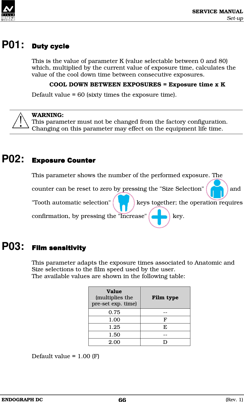SERVICE MANUAL Set-up ENDOGRAPH DC  (Rev. 1) 66  P01: DDDD  This is the value of parameter K (value selectable between 0 and 80) which, multiplied by the current value of exposure time, calculates the value of the cool down time between consecutive exposures. COOL DOWN BETWEEN EXPOSURES = Exposure time x K Default value = 60 (sixty times the exposure time).   WARNING: This parameter must not be changed from the factory configuration. Changing on this parameter may effect on the equipment life time.    P02: EDBDEEDBDEEDBDEEDBDE  This parameter shows the number of the performed exposure. The  counter can be reset to zero by pressing the &quot;Size Selection&quot;              and  &quot;Tooth automatic selection&quot;              keys together; the operation requires  confirmation, by pressing the &quot;Increase&quot;              key.    P03: DFDFDFDF  This parameter adapts the exposure times associated to Anatomic and Size selections to the film speed used by the user. The available values are shown in the following table:  Value (multiplies the pre-set exp. time) Film type 0.75  -- 1.00  F 1.25  E 1.50  -- 2.00  D  Default value = 1.00 (F)  