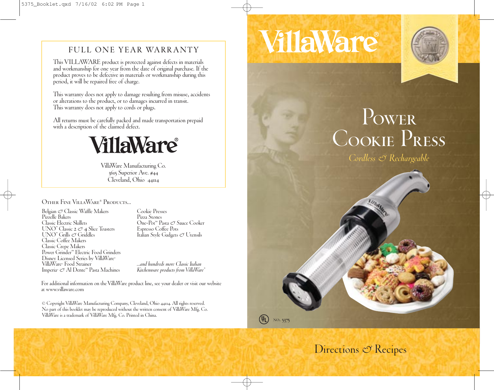 Page 1 of 7 - Villaware Villaware-Cookie-Press-Cordless-And-Rechargeable-Users-Manual- 5375_Booklet Villaware-cookie-press-cordless-and-rechargeable-users-manual