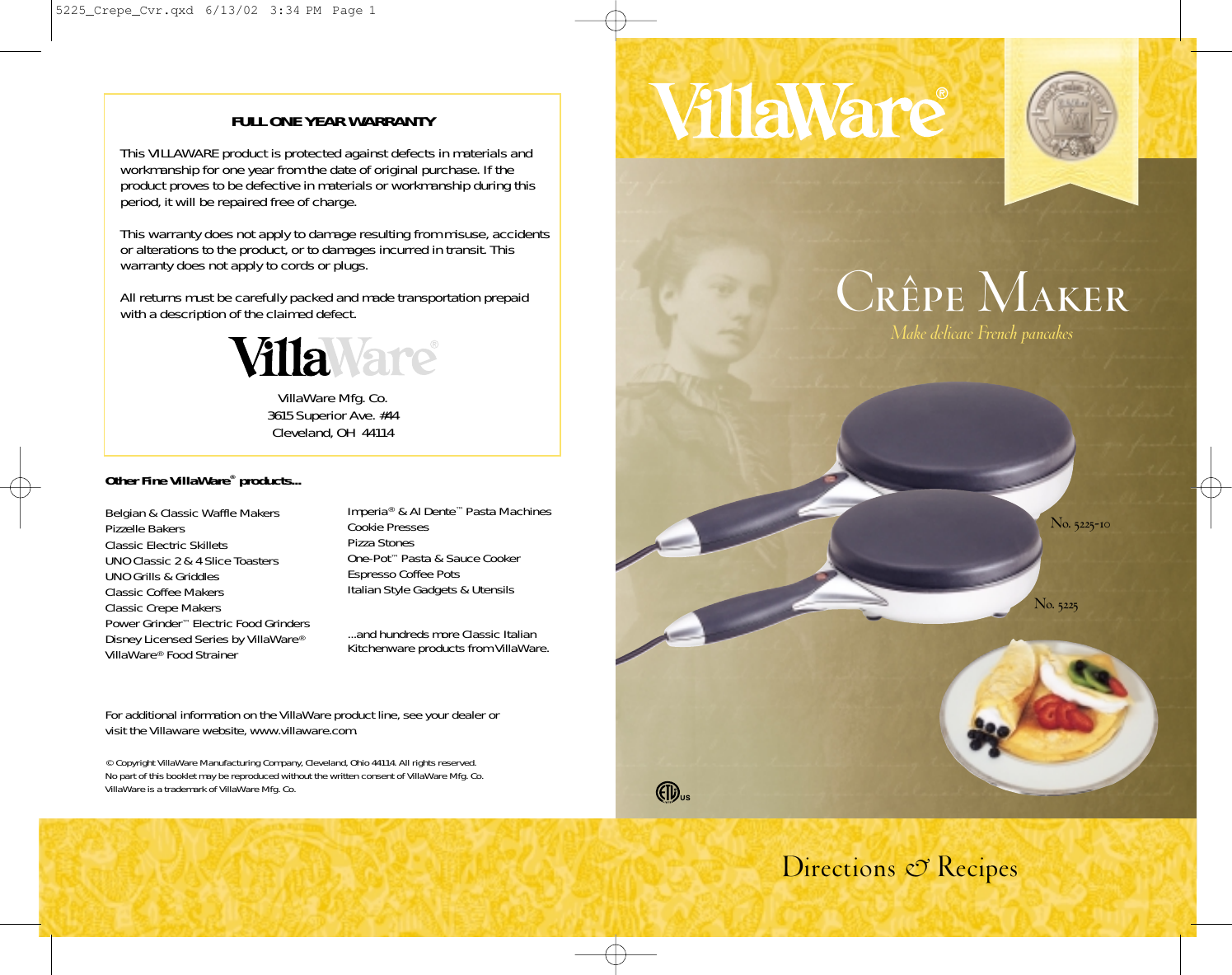 Page 1 of 8 - Villaware Villaware-Crpe-Maker-Users-Manual- #5225 Crepe Maker Booklet  Villaware-crpe-maker-users-manual