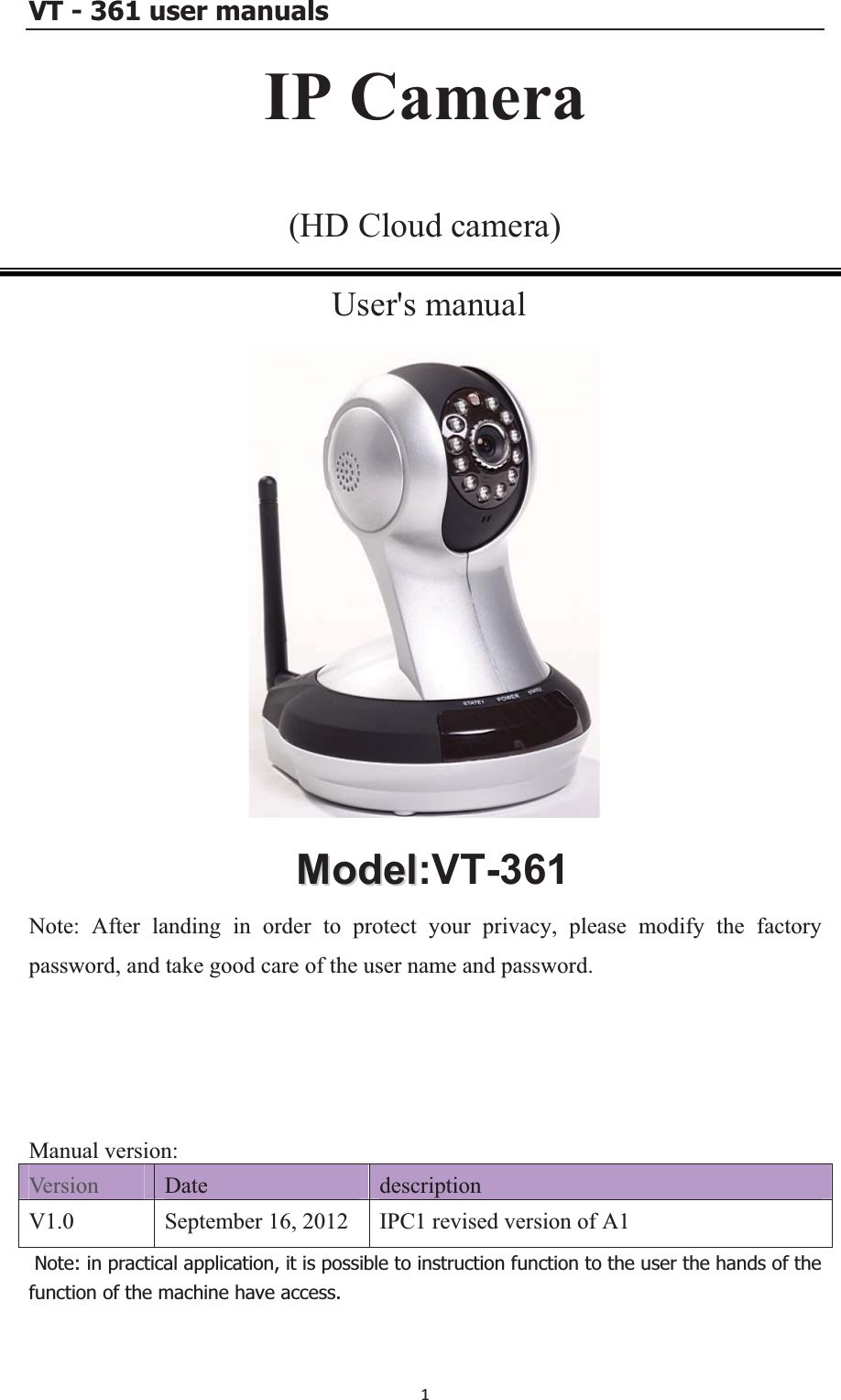 VT - 361 user manualsIP Camera(HD Cloud camera)  User&apos;s manual MMooddeell:VT-361Note: After landing in order to protect your privacy, please modify the factory password, and take good care of the user name and password. Manual version: Version Date description V1.0 September 16, 2012  IPC1 revised version of A1 Note: in practical application, it is possible to instruction function to the user the hands of the function of the machine have access. 1