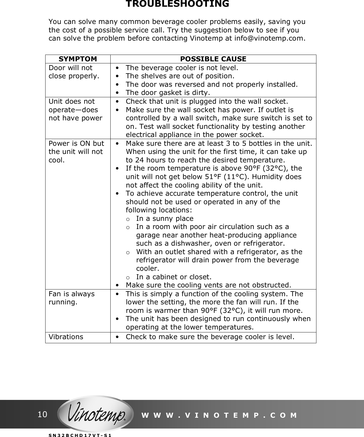 Page 10 of 12 - Vinotemp Vinotemp-Vt-32Bcsb-Users-Manual 081210 VT-32BCSBH Manual V2